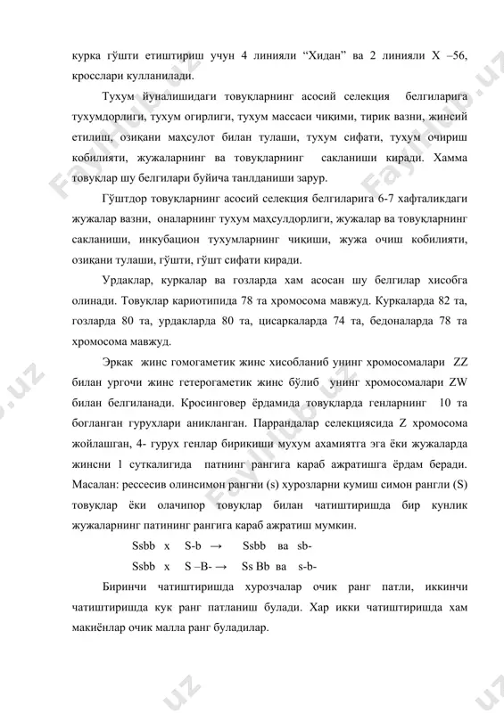 озиқани кам сарфлайдилар. мини - товуқларни оталик формасида куллаш ёрдамида кичик вазндаги макиёнлар ва нормал вазндаги хурозчалар олиш мумкин. dwdw x dw – dwdw ва dw- хурзчаларни бройлер сифатида устириш мумкин. товуқларда 14 та кон системалари: а, в, с, д, е, н, i, j, k, l, p, r, hi, tn ва 25 та оксил полимор системалари аникланган. товуқчаларда кон гурухлари ва оксиллар полиморфизм линияларини ажратиш учун ишлатилади. товуқларнинг сифат белгиларига тож шакли, патланиши, тери ранги, оёклари ранги киради. товуқларда хар хил шакилдаги тожлар учрайди ва улар хар хил генлар билан наслдан - наслга берилади. масалан; леггорин товуқларида оддий баргсимон тож учрайди. унинг генетик формуласи ччрр булади. ёки рессесив гомозигот. гўшт - тухум йуналишидаги виандот, корниш товуқ зотларида гулсимон тож (rrpp) учрайди. бундан ташкари товуқларда нухотсимон ччрр ва ёнгоксимон (rrрр) тожлар кам учрайди. ёнгоксимон тож янги типларнинг хосил булишига мисол булади. тож шакли билан товуқларнинг хужаликка фойдали белгилари орасида богланиш мавжуд. …