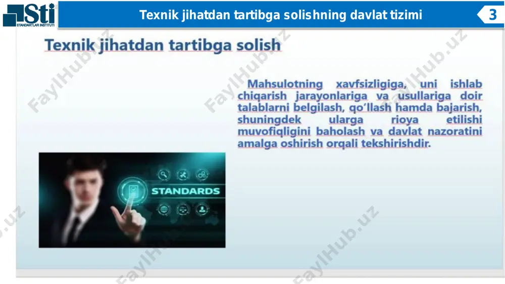 avlat nazorati organlarining va ular mansabdor shaxslarining javobgarligi 38-modda. mahsulotning texnik reglamentlar talablariga muvofiq emasligi to‘g‘risidagi axborot 39-modda. mahsulotning texnik reglamentlar talablariga muvofiq emasligi to‘g‘risida axborot olingan taqdirda ishlab chiqaruvchining, ishlab chiqaruvchining vakolatli vakilining, sotuvchining va import qiluvchining majburiyatlari 40-modda. mahsulotning texnik reglamentlar talablariga muvofiq emasligi to‘g‘risida axborot olingan taqdirda davlat nazorati organlarining harakatlari 41-modda. mahsulotni majburiy ravishda chaqirib olish 7 – moddadan iborat 35-41 10 6-bob. ishlab chiqaruvchining, sotuvchining, import qiluvchining majburiyatlari 42-modda. ishlab chiqaruvchining majburiyatlari 43-modda. sotuvchining majburiyatlari 44-modda. import qiluvchining majburiyatlari 45-modda. yuqori xavf tug‘diradigan mahsulot to‘g‘risida tezkor ravishda o‘zaro xabar berish tizimi 4 – moddadan iborat 42-45 11 7-bob. texnik jihatdan tartibga solish to‘g‘risidagi qonunchilikni buzganlik uchun javobgarlik 46-modda. qonunchilikda va texnik reglamentda belgilangan majburiy talablarga rioya etilmagan taqdirda ishlab chiqaruvchining, ishlab chiqaruvchining vakolatli vakilining, sotuvchining, import qiluvchining javobgarligi 47-modda. muvofiqlikni baholash organlarining javobgarligi 2 – moddadan iborat 46-47 12 8-bob. yakunlovchi qoidalar 48-modda. texnik jihatdan …