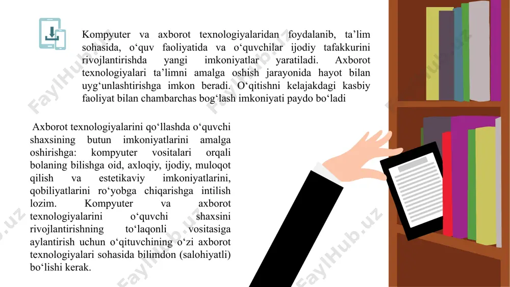 ari, tarmoq bo‘yicha kompyuterli o‘yinlar, kompyuterli video yordamida tashkil qilinadi. axborot muhiti zamonaviy darajadagi axborot bazalari, gipermatn va multimediya, imitatsion o‘qitish, elektron kommunikatsiyalar, ekspert tizimlarini kiritadi. hozirgi kunda kompyuter o‘qitishning qudratli vositasiga aylangan. kompyuterli texnologiyada o‘qituvchinng ishi, v. k. selefko ta’kidlaganidek, quyidagilardan iborat: v) o‘quvchilarni individual kuzatish, individual yordam ko‘rsatish, bolalar bilan individual «insoniy» munosabat. kompyuter yordamida individual o‘qitishning ko‘rish va eshitish obrazlarini foydalanuvchi mukammal variantiga erishiladi; b) sinf ichida o‘quvchilarni faollashtirish va ularning ishini muvofiqlashtirish, ish o‘rinlarini joylashtirish, yo‘riqnoma berish, sinf ichkarisidagi tarmoqni boshqarish kabilar; g) axborot muhiti tarkibiy qismlarini tayyorlash, ularning ma’lum bir o‘quv fani mazmuni bilan bog‘liqligidan iborat. xususan, multimediya texnologiyalaridan foydalanib interfaol darslarni o‘tkazish yaxshi samara beradi. a) butun sinf o‘quv predmeti darajasida o‘quv jarayonini tashkillashtirish (o‘quv jarayoni grafigi, sirtqi tashhis, yakuniy nazorat); odatdagi darsda o‘qituvchi dars mavzusi mazmunini bayon qiladi, o‘quvchilar esa tinglab, ko‘rib, eslab qoladilar, kerakli yozuvlarni daftarlariga yozadilar. ular har qanday ma’lumotni tayyor …