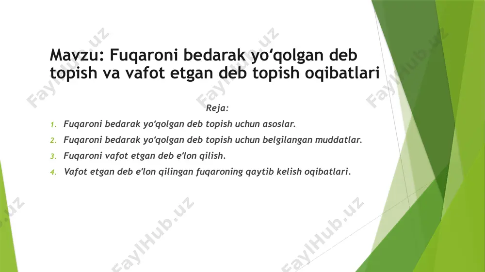 afot etgan shaxs mol-mulki uning vorislari tomonidan uchinchi shaxsga sotib yuborilgan taqdirda bu shaxslar xarid narxini fuqaro qaytib kelgan paytgacha batamom toʻlamagan boʻlsalar, bu holda toʻlanmagan summani talab qilish huquqi qaytib kelgan fuqarolar oʻtadi. agar vafot etgan deb eʼlon qilingan shaxsning mol-mulki meros huquqi boʻyicha davlatga oʻtgan va sotib yuborilgan boʼlsa, fuqaroni vafot etgan deb topish toʻgʻrisidagi qaror bekor qilingandan keyin unga mol-mulkini sotishdan tushgan pul qaytarib beriladi. image1.jpeg image2.jpeg image3.jpeg image4.jpeg image5.jpeg image6.jpeg image7.jpeg image8.jpeg /docprops/thumbnail.jpeg