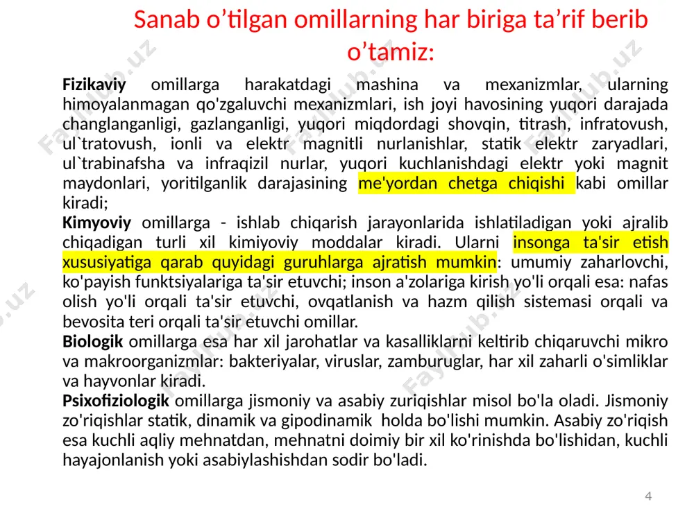 ikkala holatda ham inson sog’ligi va ish qobiliyati yomonlashadi. ishlab chiqarish binolari va ish joylarining mikroiqlim holati ko’rsatkichlarini aniqlashda bir qancha asboblardan foydalaniladi. masalan, havoning harorati - termometrlar, termograflar, havoning harakatlanish tezligi - katatermometrlar va anemometrlar, havoning nisbiy namligi – psixrometr аvgustа yoki аssmаna, issiqlik nurlanishlari – aktinometrlar va havoning bosimi – barometr orqali o’lchanadi. organizmdan chiqadigan terining miqdori tashqi muhit haroratiga va bajariladigan ish kategoriyasiga bog‘liq. harakatsiz organizmda, tashqi muhit harorati 15 °c ni tashkil qilsa, terlash juda kam miqdorni (soatiga 30 ml) tashkil qiladi. yuqori - haroratlarda esa (30 °c va undan yuqori), ayniqsa, og‘ir ishlarni bajarganda organizmning terlashi juda ortib ketadi. masalan, issiq sexlarda, og'ir ishlarni bajarish natijasida terlashni miqdori soatiga 1—1,5 litrga yetadi va bu miqdor terni bug'lanishi uchun 2500—3800 kj (600—900 kkal) issiqlik sarflanadi. shuni aytib o'tish kerakki, terlash yo'li bilan issiqlik sarflash faqatgina tana yuzasida ter bug‘langandagina amalga oshadi. terni bug'lanishi esa havoning harakatiga …