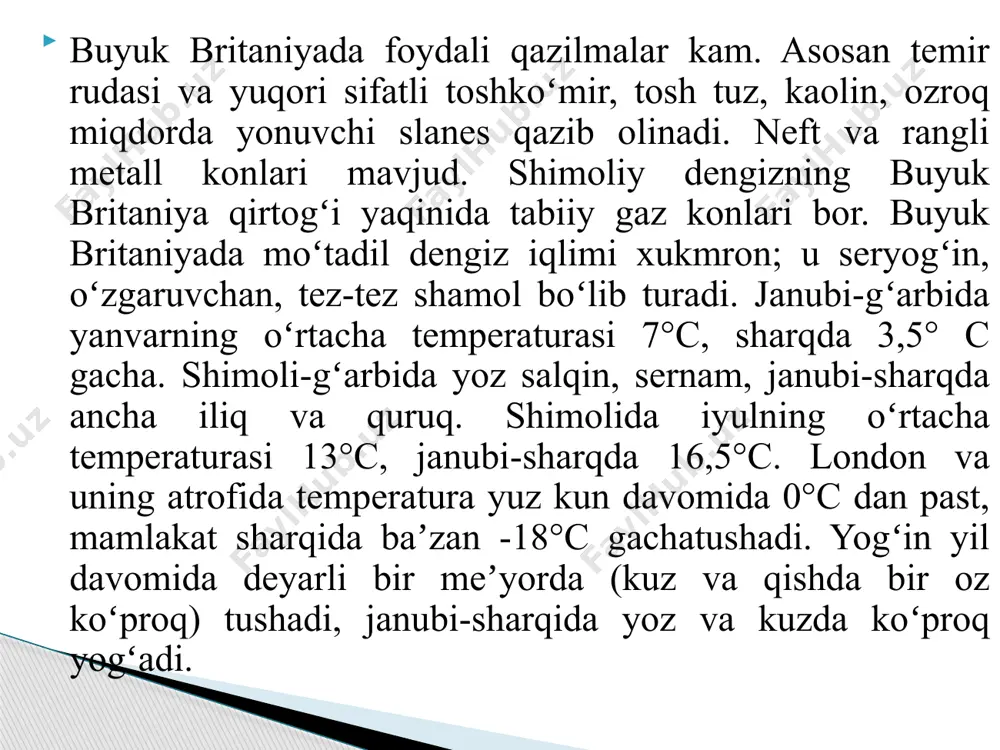 oat taʼminlaydi. ikkinchi jahon urushidan keyin sanoat tuzilmasida katta oʻzgarishlar sodir boʻldi: konchilik, qora metallurgiya, yengil va oziq-ovqat sanoati, shuningdek kemasozlik va avtomobilsozlik kabi tarmoqlar ulushi kamaydi; energetika, elektr mashinasozligi va kimyo sanoatining ulushi oshdi. atom, elektron, aerokosmik, neftni qayta ishlash va neft kimyosi tarmoqdari katta ahamiyat kasb etdi. buyuk britaniyaning iqtisodiy va siyosiy rivojlanishi. mashinasozlik -sanoatning muhim tarmogʻi, avtomobil, samolyot, raketalar, kemalar, sanoat ishxonalari uchun kompleks asbobuskunalar, ilmiy apparatlar va asboblar, radio elektronika va elektronika mahsulotlari ishlab chiqarish ayniqsa ajralib turadi. traktorsozlik, stanoksozlik, neftni qayta ishlash, kimyo (plastmassa va sintetik smolalar, dori-darmonlar, maʼdanli oʻgʻit, boʻyoqlar, kimyoviy tolalar, sintetik kauchuk, sulfat kislota ishlab chiqarish), toʻqimachilik, oziq-ovqat sanoati rivojlangan. yengil sanoatning poyabzal tikish, tikuvchilik va boshqa tarmoqlari boʻyicha yirik ishxonalar mavjud. mashinasozlik markazlarining koʻpchiligi janubiy va markaziy angliyada joylashgan, ularning eng muhimlari - london, birmingem, koventri, luton, sheffild shaharlarida. qora metallurgiyaning asosiy markazlari -janubiy uels, yorkshir va hambersayd, shimoliy angliya va …