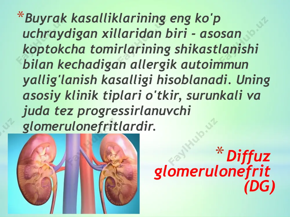 zatiladi. u tosh bilan shikastlanish yoki jom ichi bosimining kuchli oshishi natijasida fornikal to'r venalari yorilishi bilan bog'liq bo'lishi mumkin. 60-70% hollarda nefrolitiazda leykotsituriya kuzatiladi, yallig'lanish jarayoni kasallik kechishi va prognozini og'irlashtiradi. diurez o'zgarishi konkrement joylashish joyiga bog'liq bo'ladi: tosh qancha siydik naychasi pastki qismida joylashsa, u shuncha kuchli namoyon bo'ladi. siydik qistashi tosh siydik naychasining intramural qismida joylashganda jiddiy tezlashadi. nefrolitiaz asoratlari: o'tkir va surunkali pielonefrit, gidronefroz, o'be (siydik naychasi okkluziyasida), surunkali pielonefritning terminal bosqichi bilan bog'liq sbe. buyrak yetishmovchiligi buyrakning qonni modda almashinuv mahsulotlaridan tozalay olmasligi va qon plazmasi tarkibi doimiyliginisaqlay olmasligidir. buyrak yetishmovchiligi (be) holati ishlayotgan koptokchalar soni me'yoriga nisbatan 30% dan kam bo'lsa yoki filtrlash tezligi 50 ml/daqiqadan kam bo'lsa, rivojlanadi. be asosiy ko'rsatkichlari buyrak klirensining kamayishi, oliguriya va anuriya, azotemiya, qon elektrolitlar tarkibining (k, na, ca, p, mg) o'zgarishlari, siydik zichligining kamayishidan (gipostenuriya) iborat o'tkir buyrak yetishmovchiligi (o'be buyrakni birdaniga azot ajratish funksiyasining, suv-elektrolit balansi …