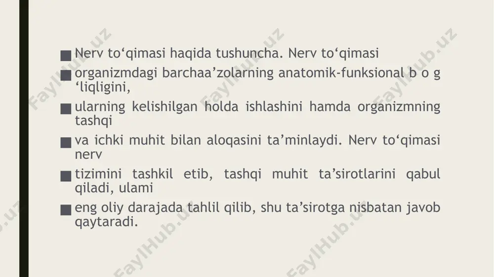 laridagi asosiy metabolik jarayonlarning biokimyoviy asoslari keltirilgan: 1. energiya almashinuvi (atp sintezi) neyronlar juda ko‘p miqdorda energiya sarflaydi, ayniqsa membrana potentsialini saqlab qolish uchun. glyukoza asosiy substrat hisoblanadi – neyronlar energiyani asosan glyukozadan oladi. glikoliz: sitoplazmada sodir bo‘lib, glyukoza piruvatga aylantiriladi. piruvat mitoxondriyga kirib, sitrat sikli (krebs sikli) orqali co₂ va nadh/fadh₂ hosil qiladi. nadh/fadh₂ esa elektron transport zanjiri orqali atp sinteziga olib keladi (oksidlovchi fosforlanish). 2. na⁺/k⁺-atpaza faolligi bu ferment nerv hujayrasi membranasidagi asosiy ion nasosidir. asab impulsidan so‘ng hujayraning elektroximik gradientini tiklash uchun energiyani ko‘p miqdorda sarflaydi. 3. yuqori darajadagi lipid almashinuvi neyron membranalari fosfolipidlar va sfingolipidlarga boy. miyelin hosil bo‘lishi (oligodendrositlar orqali) uchun lipid biosintezi zarur. gangliozidlar va boshqa kompleks glikolipidlar asab hujayralari faoliyatida muhim rol o‘ynaydi. 4. neyrotransmitterlar biosintezi neyronlar kimyoviy signallarni uzatadi, bu jarayonda turli neurotransmitterlar sintez qilinadi: asetilxolin – xolin va atsetil-koa dan sintezlanadi. dopamin, norepinefrin, serotonin – aminokislotalardan (tirozin, triptofan) fermentativ reaksiyalar orqali …