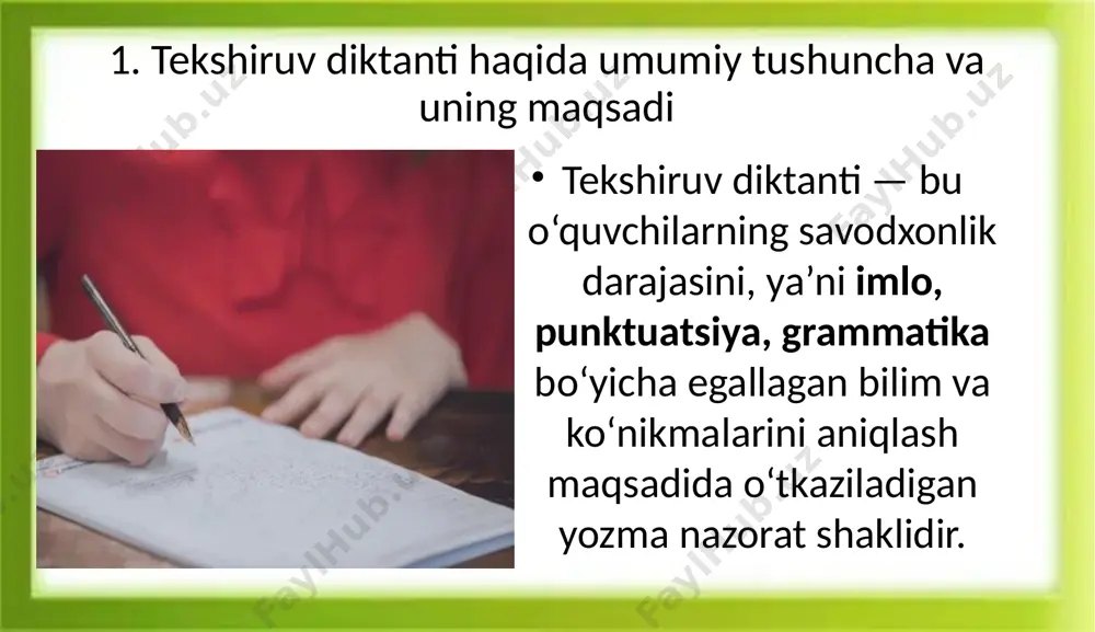 uchun xizmat qiladi. tahlil quyidagilarga asoslanadi: har bir o‘quvchining individual xatolari (imlo, tinish belgilari, grammatik); umumiy tahlil – sinfda ko‘p takrorlangan xatolar turi; xatoliklar sabablari – e’tiborsizlikmi, bilim yetishmasligi yoki noto‘g‘ri tushunishmi? o‘qituvchining vazifalari: har bir xatoni individual izohlash; kerak bo‘lsa, qoidalarni qayta eslatish; o‘quvchilarga xatolarni to‘g‘rilashga o‘rgatish; diktant natijalari asosida yangi dars rejalashtirish (kamchiliklarni bartaraf etish uchun). xulosa boshlang‘ich sinflarda tekshiruv diktantlari — bu nafaqat yozma nazorat shakli, balki o‘quvchilarning yozish, eshitish va o‘zlashtirish ko‘nikmalarini chuqur tahlil qilishga xizmat qiluvchi muhim vositadir. diktant orqali o‘quvchilarning yozma nutq darajasi aniqlanadi, savodxonlikdagi kamchiliklar yuzaga chiqadi va bu asosida o‘qituvchining metodik yondashuvi aniqlanadi. foydalanilgan adabiyotlar: xasanboyeva n. – boshlang‘ich ta’limda ona tili o‘qitish metodikasi, toshkent, 2021 xolboyeva d. – savodxonlik darslarida nazorat ishlari, andijon, 2020 o‘zbekiston respublikasi xtv – boshlang‘ich ta’lim fan dasturi va me’yoriy hujjatlari, toshkent, 2022 raximova m. – yozma nutqni o‘rgatish asoslari, buxoro, 2019 “o‘qituvchi” jurnali, – amaliy metodik …