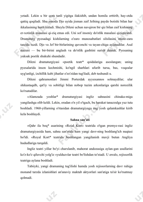 ar bo'yi charxlanib, mahorat andozasiga aylan-gan usullarini ko'z-ko'z qiluvchi yolg'iz «yulduz»lar teatri bo'lishdan to'xtadi. u awalo, rejissorlik teatriga aylana boshladi. tabiiyki, yangi dramaning tug'ilishi hamda yosh rejissorlarning davr ruhiga monand tarzda izlanishlari an'anaviy maktab aktyorlari san'atiga ta'sir ko'rsatmay qolmadi. lorens olivye (1907—1989), awalgidek, jo'shqin faoliyat ko'rsatib, 1963-yili «01d — vik» teatri zaminida «milliy teatr* ga asos soladi. teatrning birinchi pardasi 1964-yili olivye ishtirokida «otello* spektakli bilan ochiladi. san'atkor irqiy tenglik mavzuyiga urg'u berib, otello obrazini keskin munozarali tarzda talqin etdi; oyog'iga taqilgan qo'ng'iroqlar jarangi qalbi tubida kechmish bo'ronli o'zgarishlardan darak berar va goho uning sipo-silliq sirtqi madaniyligi ostida ibtidoiy odamga xos tubsiz qahr-g'azab sirtiga qalqib chiqardi. uning quyundek shijoati qarshisida yagoning makr-xiylasi xira tortar, rashk va tutqanoq dardidan sahnada depsinib jazavaga tushar, azob-uqubat o'tida qandaydir alamli zavq olardi. olivye «venetsiya savdogari* (1970) spektaklida ham irqiy tenglik mavzusini yetakchi o'ringa olib chiqdi. qorva syurtuk, sil-indr, qo'iqop kiygan sheylok — olivye sarmoya …