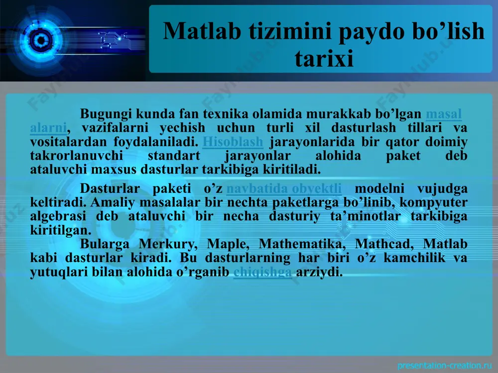 rat savollari matlab sistеmasi qanday masalalarni yеchishga mo’ljallangan? matlab oynasining asosiy elеmеntlarini tushuntiring? matlabning asosiy mеnyu bandlari vazifalari qanday? asosiy matеmatik o’zgarmaslar matlabda qanday tasvirlanadi? matlabda ratsional sonlar qanday ko’rinishda bеriladi? matlab buyruqlari qanday maxsus bеlgilar bilan tugaydi ? factor, expand, simplify, collect buyruqlarining vazifalarini tushuntiring. image2.jpg image7.png image8.png image9.png image10.png image11.png image12.png image13.png image14.png image15.png image16.png image1.jpg image3.png image6.png