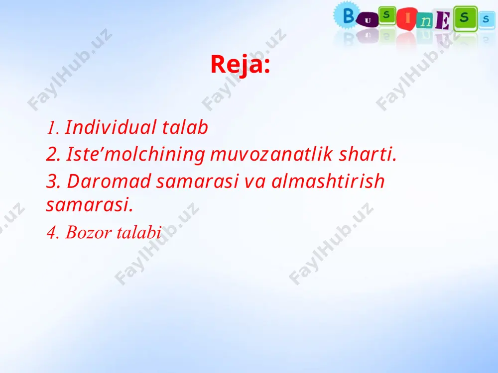 rganda) iste’molga ta’sirini o‘rgangan edik. «narx-iste’mol» chizig‘i orqali narxlarning o‘zgarishini bir ne’mat bilan boshqa bir ne’matni nisbiy almashtirishga ta’siri o‘rganiladi. narxning har qanday o‘zgarishi, birinchidan: real daromadni oshiradi, natijada befarqlik egri chizig‘i siljiydi va iste’molchi sotib olishi mumkin bo‘lgan ne’matlar tarkibini o‘zgartiradi; ikkinchidan - narxlar nisbatini o‘zgartiradi va bir ne’mat (b) bilan boshqa ne’mat (a) almashtiriladi. daromad samarasi - bu ne’mat narxi o‘zgarishi (almashish samarasi hisobga olinmaganda) natijasida real daromad o‘zgarishining iste’molchi talabiga ta’siridir. daromad samarasi - bu iste’molchining sotib olish imkoniyatini oshganligini ko‘rsatadi va u bir budjet chizig‘idan boshqa budjet chizig‘iga iste’molchining optimal tovarlar majmuasini o‘tishini akslantiradi. bozor talabi bozor talabi alohida bozordagi iste’molchilarning individual talablari yig‘indisi bilan aniqlanadi. bozor talabi chizig‘i esa ma’lum bzordagi iste’molchilarning individual talablari chiziqlarini qo‘shish orqali olinishi mumkin. bozor talabi chizig‘ini va shu bilan birga individual talab chizig‘ini ifodalashda tovarlarning narx bo‘yicha elastiklik koeffitsiyentidan foydalanish mumkin. biz yuqorida ko‘rgan edikki, agar talab narx bo‘yicha …