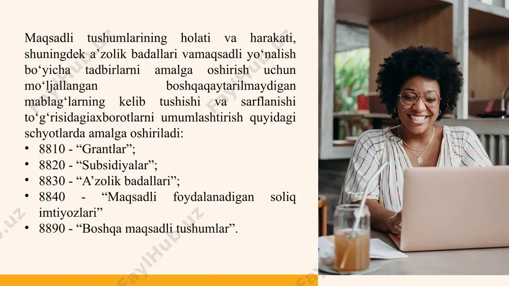 ngan maqsadlar: bolalar muassasalariniasrash, madaniy muassasalar, bolalar ormgoxlari, kadrlar tayyorlash,xodimlarning malakasini oshirish, qishloq xo‘jalik ekinlari zararkunandalariga qarshikurashish va boshqa tadbirlar uchun foydalanilishi mumkin. 10 11 davlat subsidiyalari sifatida ajratilgan maqsadli moliyalashtirish mablag‘lariquyidagilarga ishlatilishi mumkin: uzoq muddatli aktivlarni (asosiy vositalarni, nomoddiy aktivlarni va h.k.)xarid qilish, qurish yoki boshqacha yo‘l bilan qo‘lga kiritish bilan bog‘liq kapitalqo‘yilmalarni moliyalashtirish; tashkilotning muntazam ravishda kompensatsiya qilinishi kerak bo‘lganjoriy xarajatlarini qoplash (moddiy-ishlab chiqarish zaxiralarini sotib olish, xodimlarmehnatiga haqto‘lash va shu turdagi boshqa xarajatlar); tashkilot amalga oshirib bo‘lgan sarf-xarajatlarni kompensatsiya qilish,xususan, uy- joy kommunal xo‘jalikda, agrosanoat majmuasida; tashkilotni kelgusida sarf-xarajatlar qilmaslikka aloqador bo‘lmaganfavqulodda yordam ko‘rinishidagi shoshilinch moliyaviy qo‘llab-quvvatlash; davlat subsidiyalarini ajratish bo‘yicha hukumat qarorlarida va hujjatlaridako‘zda tutilgan boshqa maqsadlar. 11 e’tiboringiz uchun rahmat! 12 image1.png image2.svg image3.png image4.svg image13.jpg image14.jpg image5.png image6.svg image9.png image10.svg image7.png image8.svg image11.png image12.svg /docprops/thumbnail.jpeg
