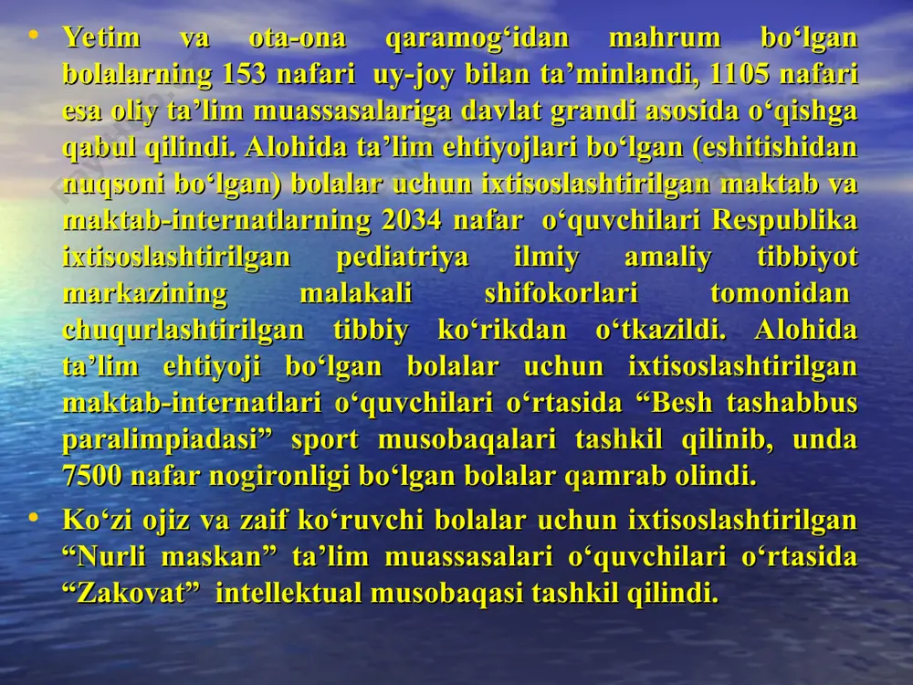 amaliy, miniatura san'atimizning noyob an'analarini boyitish, dunyoga tanitish maqsa­dida tashkil etilgan o'zbekiston badiiy akademiyasi uch yildan buyon jiddiy faoliyat ko'rsatib kelmoqda. mamlakatimizda iste'dodli rassomlarning ko'plab ko'rgazmalarini tashkil etdi. o'zbek rassomchilik maktabining bugungi rivojini dunyoga ko'rsatish maqsadida 2000-2006-yillar mobaynida yaponiya, fransiya, janubiy koreya, amerika qo'shma shtatlari, germaniya kabi ko'plab mamlakatlarda o'zbek rassomlarining ko'rgazmalarini o'tkazdi. badiiy akademiyaning a'zolari tomonidan katta mahorat bilan ishlangan sohibqiron amir temur, farg'oniy, jaloliddin mangu­berdi, alpomish haykallari, mustaqillik maydonidagi majmua kabi haykaltaroshlik san'atining go'zal namunalari xalqimiz milliy g'ururi va iftixorini yuksaltirishga xizmat qilmoqda. turkiston miniatura maktabining asoschisi, buyuk musavvir kamoliddin behzodning tavallud ayyomi har yili nishonlanib kelinmoqda. kamoliddin behzod memorial bog'i barpo etilgan. shuni ta'kidlash joizki, o'zbekiston mustaqilligini mustahkam­lash dolzarb bo'lib qolayotgan bir paytda yoshlar bilan yakka tartibda ishni yo'lga qo'yish, ularda axloqiylik fazilatlarini shakllantirish muhim ahamiyat kasb etadi. chunki azaldan odoblilik, axloq inson uchun eng zarur ziynatlardan hisoblangan. odamzodni yuksaklarga ko'taradigan ham, uning qadr-qimmatini oshiradigan ham ana …