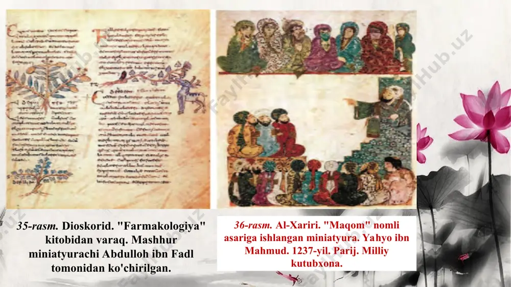 avoiyning dostonlarini o'z miniatyura kompozitsiyalari bilan bezagan. kamoliddin behzod tomonidan ishlangan navoiy, jomiy, husayn boyqaro, shayboniyxon portretlari rassomning mazkur san'atda yetuklikka erishganini anglatib turadi. o'rta osiyo miniatyura maktabining mashhur rassomlaridan mahmud muzahhib, behzod ta'sirida kamol topib, o'zining yuksak malakaviy mahorati bilan ajralib turadi. 49-rasm. iskandar va etti donishmand. hirot, xv asr 90-yillari. 1495-yil ko'chirilgan. musawir behzod. britaniya muzeyi, london. 50-rasm. havamaq qasrining qurilishi. hirot, xv asr 90-yillari. 1495-yil ko'chirilgan. musawir behzod. britaniya muzeyi, london uning kitob bezash mahoratini yuqori baholab, "muzah-hib-oltin suvi yurituvchi" taxallusi bilan atadilar. alisher navoiyning hassaga tayanib turgan holatidagi portreti muzahhibning ilk asari hisoblanadi. rassom asarida na­voiyning ichki ruhiy holatini ochishga harakat qilib, behzod an'analarini davom ettirgan. xvii asrning 30-50-yillari mu­zahhib ijodining gullagan davriga to'g'ri keladi. uning mashhur asar-laridan "sulton sanjar va to'quvchi qari kampir uchrashuvi" miniatyura kompozitsiyalan diqqatga sazovor bo'ldi. o'rta osiyo miniatyura maktabining mashhur rassomlaridan bin muhammad murod samarqandiydir. uning ijodida shohlarning qabul marosimlari, ov …