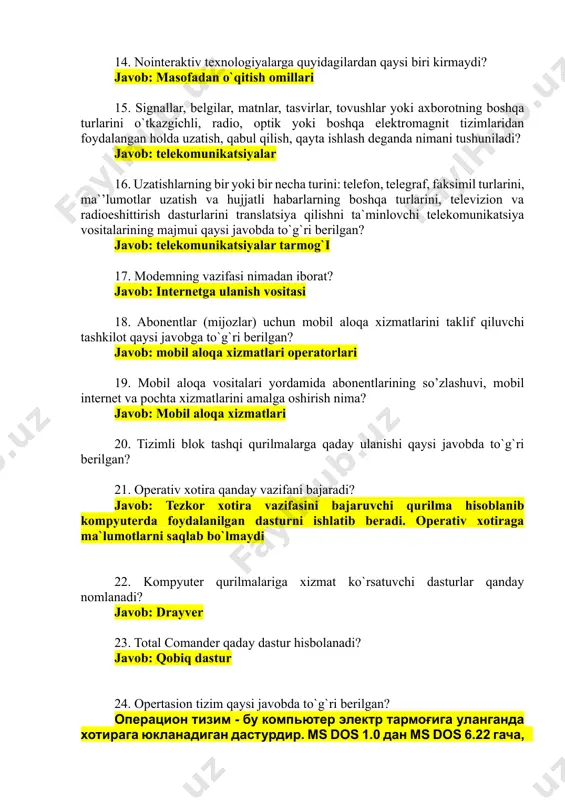 radioeshittirish dasturlarini translatsiya qilishni ta`minlovchi telekomunikatsiya vositalarining majmui qaysi javobda to`g`ri berilgan? javob: telekomunikatsiyalar tarmog`i 17. modemning vazifasi nimadan iborat? javob: internetga ulanish vositasi 18. abonentlar (mijozlar) uchun mobil aloqa xizmatlarini taklif qiluvchi tashkilot qaysi javobga to`g`ri berilgan? javob: mobil aloqa xizmatlari operatorlari 19. mobil aloqa vositalari yordamida abonentlarining so’zlashuvi, mobil internet va pochta xizmatlarini amalga oshirish nima? javob: mobil aloqa xizmatlari 20. tizimli blok tashqi qurilmalarga qaday ulanishi qaysi javobda to`g`ri berilgan? 21. operativ xotira qanday vazifani bajaradi? javob: tezkor xotira vazifasini bajaruvchi qurilma hisoblanib kompyuterda foydalanilgan dasturni ishlatib beradi. operativ xotiraga ma`lumotlarni saqlab bo`lmaydi 22. kompyuter qurilmalariga xizmat ko`rsatuvchi dasturlar qanday nomlanadi? javob: drayver 23. total comander qaday dastur hisbolanadi? javob: qobiq dastur 24. opertasion tizim qaysi javobda to`g`ri berilgan? операцион тизим - бу компьютер электр тармоғига уланганда хотирага юкланадиган дастурдир. ms dоs 1.0 дан ms dоs 6.22 гача, os/2, unix, linux ва ҳoказолар. операцион тизимлардан энг таниқлилари …
