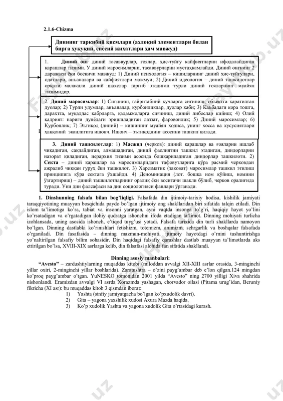 da demokratik, huquqiy davlat va jamiyat qurilishini takomillashtirish va mustahkamlashga xizmat qiladi. 2.1.5-chizma диннинг жамиятдаги вазифалари 1. диннинг жамиятга ижтимоий, маънавий, руҳий таъсири ҳақида билимлар бериш. 2. ибтидоий диний тасаввурлар, миллий ва жаҳон динлари таълимотлари ҳақида билим бериш. 3. диннинг моҳияти ва унинг кишилик жамияти ривожидаги турли тарихий босқичларда тутган мавқеи ҳақида тушунча ҳосил қилиш. 4. жамият маънавий такомилида диний қадриятларнинг аҳамиятини кўрсатиш. 5. дунёвий давлат билан диннинг ўзаро муносабатларини ёритиш. 6. дунёвий ақдапарастлик, экстремизм ва фанатизм каби салбий оқимларнинг салбий моҳиятини кўрсатиш ва уларга қарши ёшларда ғоявий иммунитетни шакллантириш. 7. ўзбекистонда динга нисбатан туб ўзгаришлар, диний қадриятлар тикланганликлари ҳақида тасаввур ҳосил қилиш. диннинг ижтимоий вазифалари 1. бирлаштирувчи – интеграторлик функцияси: жамият билан шахс алоқадорлиги 2. дунёқарашлик функцияси: атрофдаги нарса ва ҳодисалар ўткинчи, боқий дунёга тайёргарлик кўриш 3. тартибга солувчи (регуляторлик) вазифасини бажаради: 1) исломда 5 маҳал номоз ўқиш; 2) ҳар ҳафтада жума намозини жоме масжидида адо этиш; 3) рамазон …