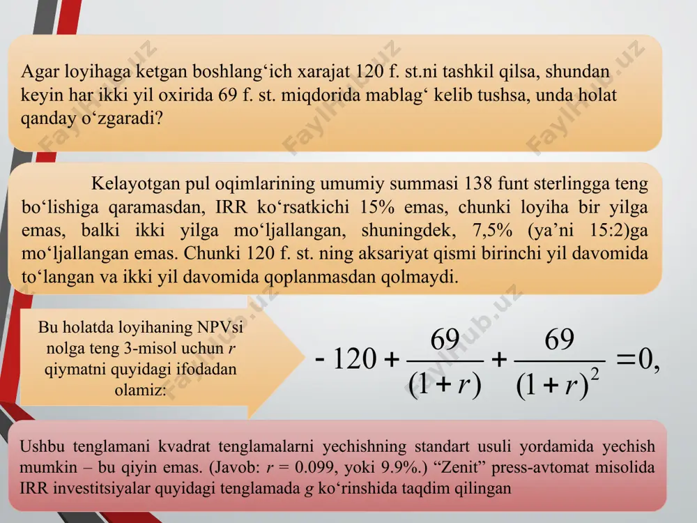 egasiga yiliga o'rtacha 25 tiyindan foyda keltiradi. muayyan loyiha uchun aniq belgilangan rentabellik darajasi yo'q. shunday qilib, bitta loyiha uchun 15% juda yaxshi. boshqa investitsiya ob'ekti uchun 40% juda past. biroq, ba'zilari arr loyiha ishlaydigan sanoat uchun qanchalik katta ekanligiga qarab baho berishadi. masalan, savdo tashkilotlarining arr darajasi 100% dan oshishi mumkin. va ishlab chiqarish korxonalari uchun arr 10% yaxshi ko'rsatkichdir. 4. investitsiyalarni baholash usullaridan foydalanish amaliyoti amaliyotda qo‘llaniladigan usullarning kamchiliklari, nazariy afzalliklari va asosiy xususiyatlarini o‘rgangach, bu usullar aslida kompaniyalar tomonidan qay darajada qo‘llanilishini ko‘rib chiqish maqsadga muvofiq. so‘nggi 30 yil mobaynida investitsiyaviy baholash usullaridan amaliy foydalanish bo‘yicha ko‘plab tadqiqotlar o‘tkazildi. paykning, shuningdek, payk bilan xerstning tadqiqotlari juda yirik firmalarga bag‘ishlangan; amalda ularda buyuk britaniyadagi eng yirik 300 kompaniyadan 100 tasi ko‘rib chiqiladi. arnold va xadzopulos buyuk britaniyadagi eng yirik 1000 ta kompaniyaning 100 tasi o‘rtasida so‘rovnoma o‘tkazadi, shuning uchun tadqiqot natijalarini, umuman olganda, yirik kompaniyalarning boshqa tadqiqotlari natijalari …