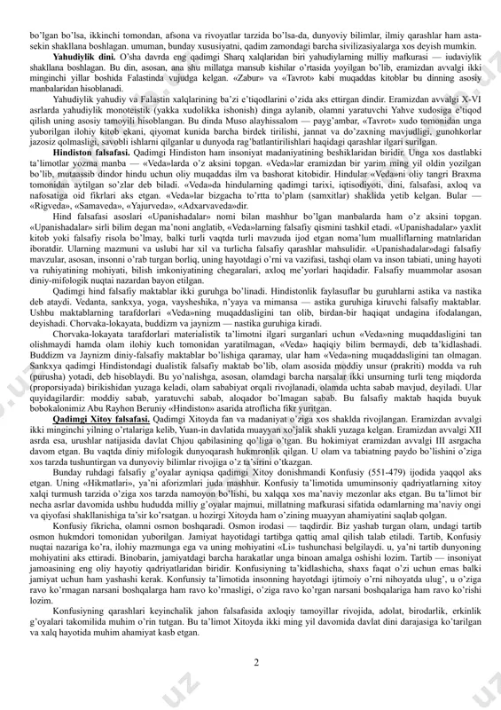 ish jarayonida ovruposentrizm nazariyasiga og’ib ketish g’ayriilmiy bo’lgani kabi, masalaning sharq bilan bog’liq jihatini tahlil etganda ham osiyosentrizm g’oyalari ta’siriga tushmaslik lozim. qadimgi misr va bobil falsafasi. eramizdan avvalgi to’rtinchi ming yillikning oxiri va uchinchi ming yillik boshlarida qadimgi misr va bobil hududida dastlabki diniy-falsafiy fikrlar, olam haqidagi fanlar, ya’ni astronomiya, kosmologiya, matematika, mifologiyaga oid qarashlar birmuncha rivoj topgan. tabiiy-ilmiy, diniy-falsafiy fikrlarning yuzaga kelishi ikki yo’nalishda borgan. birinchi yo’nalish olam haqidagi tasavvurlarning astronomiya, kosmologiya, riyoziyot fanlari rivoji bilan bog’liq ekanini, ikkinchi yo’nalish esa, bu tasavvurlarning mifologiya bilan bog’liq bo’lganini ko’rsatadi. birinchi holda, asosan, tabiiy bilimlarga tayanilgan, kundalik hayotda duch kelinadigan voqyea-hodisalar aniq dalillar asosida tahlil etilgan, o’rganilgan, ulardan tegishli xulosalar chiqarilgan. bu – o’sha davr uchun tabiiy hol edi, ya’ni u – davrning inson ongida aks etishi, kundalik turmush hodisalarining oddiy bir tarzda ifodalanishi edi. aynan ana shu hol tabiiy bilimlar rivojiga, garchand sodda tarzda bo’lsa-da, aksariyat hodisalarning falsafiy asosda …