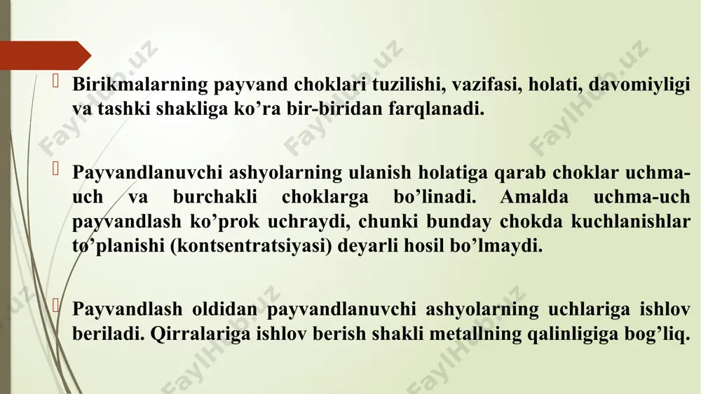 -bundan mustasno). chok qalinligi payvandlash usuliga va po’lat naviga bog’liq holda belgilanadi. image1.jpg image2.png image3.emf image4.jpeg image5.jpeg image6.jpeg image7.emf image8.emf image9.emf image10.emf image11.emf image12.emf image13.png image14.emf image15.emf image16.emf image17.emf image18.png image19.png image20.emf image21.emf 10.1-jadval uchma-uch choklar ustma-ust choklar aralash choklar burchakli choklar yonbosh choklar ko’ndalang choklar tavr burchak 10.1-jadval chok nomi, qirrasiga ishlov berish xomaki chizmasi qalinligi, mm ishlovsiz 8-10 v-simon 10-20 x-simon 20dan katta k-simon 20dan katta u-simon 20dan katta v-simon (avtomatlashgan payvandlash) 16dan katta cwyw rtln / , учма-уч пайванд чокларни ҳисобл аш. учма-уч пайвандланган чокларни бўйлама зўриқишга ҳисоблашда қуйидаги шартнинг бажарилиши текширилади ( 10.2 а-расм). бу ерда t- пайвандланувчи ашёнинг энг кичик қ алинлиги; lw- пайванд чокни 2t га камайтириб қабул қилинган ҳ исобий узунлиги; rwy- учма-уч пайвандланган чок металлининг чўзилиш ва сиқилишдаги оқувчанлик чегараси;  с - пайванд чок учун иш шароити коэффициенти. =nsin/t w маълумки, чок металлининг ҳисобий қаршилиги асосий металлнинг ҳисобий қаршилигидан бироз камроқ …