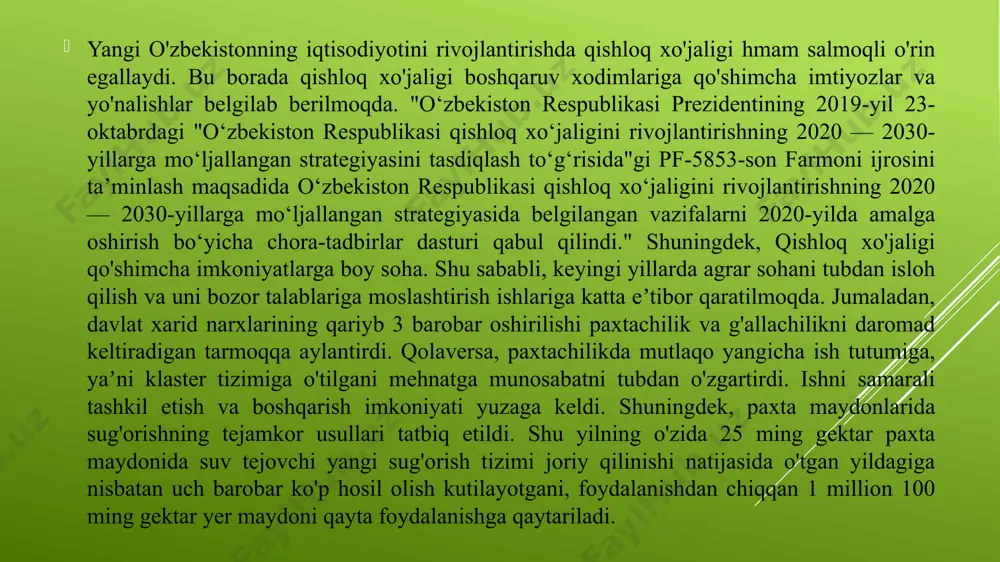 ndaydir "qo'rquv" bo'lsa, munosabat ham xuddi shunday bo'ladi. yerga nafaqat qarash, balki mablag'larni ham sarflash kerak. bugun o'zbekistonda mavjud yer maydonlaridan, suvdan samarali foydalanish masalasi prezidentimiz tomonidan soha xodimlari, olimlari oldiga qo'yilayotgan eng dolzarb vazifa etib belgilandi. sababi yer cheklangan. ana shu cheklangan yerdan faqatgina mehnat unumdorligini, hosildorlikni oshirish orqali ko'proq daromad olish lozim. agar rivojlangan mamlakatlar bilan solishtiradigan bo'lsak, yerdan, suv resurslaridan foydalanish darajasi bo'yicha qator tizimli muammolar borligi ko'rinadi. shuning uchun strategiyada qishloq xo'jaligida mehnat unumdorligini yuksaltirish, mavjud resurslardan samarali foydalanish, innovatsion texnologiyalarni keng qo'llashga alohida urg'u berilgan. o'zbekiston qishloq xo'jaligi faol qo'llab-quvvatlanadigan davlatlar sirasiga kiradi. bugungi kunda yangi o'zbekistonda qishloq xo'jaligi rivojlanishi uchun boshqaruv xodimlariga keng imkoniyatlar berilmoqda. o'z navbatida rahbat xodimlar zimmasida mas'uliyat va vazifalar ham mavjud. agrar sohasiga davlat tomonidan rivojlangan mamlakatlarga nisbatan 2-3 barobar ko'p mablag' ajratilmoqda. shuning uchun ham 2025-yilga borib, davlat tomonidan qishloq xo'jaligi faqat bozor mexanizmlari asosida tartibga solinadi. tan olish …