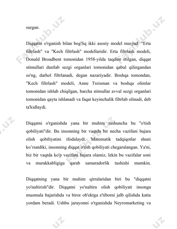 u davrda diqqatning kuzatuvchanligi sezilarli darajada ortadi. diqqatli bolalar ilmiy va ijodiy faoliyatga, shuningdek, turli fanlar bo'yicha chuqur o‘rganishga qodir bo'ladilar. o'smirlar turli mavjud omillar ta'sirisiz bir vaqtda bir necha soat davomida diqqatini saqlab turishi mumkin. diqqatni holdan toymay uzoq vaqt ushlab turish, ta'lim jarayonida muvaffaqiyatga erishishni ta'minlaydi. oxirgi bosqich, 14 yosh va undan yuqori yoshdagilarga to'g'ri keladi. bu bosqichda diqqat barqarorlashadi va ko'p vaqt davomida o‘z-o‘zini nazorat qilish imkoniga ega bo‘ladi. diqqat jarayonlari o‘zaro moslashib, turli vazifalarni samarali bajara olishga imkon beradi. o'smirlarning diqqat qobiliyatlari turli ilmiy, ijodiy va amaliy faoliyat bilan shug'ullanishlariga yo‘l ochadi. ushbu bosqichda diqqatning mustaqilligi va doimiyligi kuchayadi. shunday qilib, diqqatning rivojlanish bosqichlari inson umrining dastlabki yillaridan boshlab uzluksiz takomillashib boradi, har bir bosqichda diqqat yanada barqaror va murakkablikka erishadi. diqqatning shakllanishi va rivojlanishi uchta asosiy yo'nalishni o'z ichiga oladi: barqarorlik, davomiylik va taqsimlanish imkoniyatlari. har bir bosqichda ota-onalar va pedagoglar bolaning diqqat qobiliyatlarini rivojlantirishda …