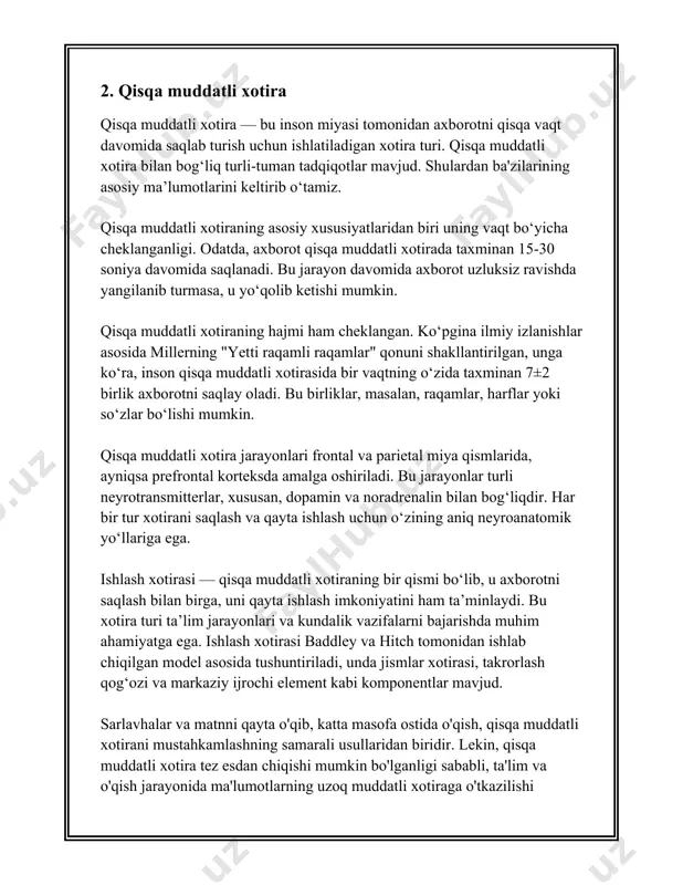 i va ko'nikmalarini, masalan, velosiped haydash yoki asbob chalishni o'zida mujassam etadi. bu turdagi xotira odatda ongli ravishda anglashni talab qilmaydi va ko'pincha takroriy mashqlar orqali shakllanadi. ushbu turdagi xotira protseduraviy xotira, o'rganish va xatti-harakatlarga bog'liq jarayonlarni qamrab oladi. umxx miyada turli hududlar bilan bog'liq. ular orasida gippokamp, miyada xotira uchun muhim ahamiyatga ega bo'lgan markaziy nuqtalardan biri hisoblanadi. miyaning bu qismi xotirani shakllantirish va uni vaqtinchalik saqlashda muhim rol o'ynaydi. gippokampning shikastlanishi tez-tez xotira buzilishiga, masalan, yangi ma'lumotlarni o'qitishda qiyinchiliklarga olib kelishi mumkin. umxx shakllanishi uchun dastlabki ma'lumot kodlanishi, saqlanishi va keyinchalik chaqirib olish imkoniyati bilan bog'liq jarayonlarni o'z ichiga oladi. kodlash jarayoni axborotni qisqa muddatli xotiradan uzoq muddatli xotiraga o'tkazishni nazarda tutadi. ma'lumotning saqlanishi vaqt davomida turli usullar bilan amalga oshiriladi, bunda past diffuziya, anglash jarayonlari va maqsadli takrorlash usullari muhim rol o'ynaydi. statistikaga ko'ra, insonlar uzoq muddatli xotirada yosh o'tishi bilan ma'lum bir fan yoki ko'nikmalar bo'yicha …