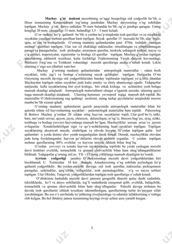 ni tuchuntirib bera olmagandar va qandaydir uzilish bor deb hisoblaganlar. xix asrning birinchi yarmida birinchi mezolit davri makonlari topildi. ilgarilari sopol bilan kamon bir vaqtda neolit davri boshlarida paydo bo’lgan degan fikrlar bor edi, lekin mezolit davri makonlarining ochilishi bu fikrlarni inkor qilib, kamonning dastlab paydo bo’lganligini isbot qildi. 12 ming yil oldin hozirgi iroq xududida qo‘lga o‘rgatilgan it qoldiqlari topilgan. yovvoyi qo‘y va echkilarni insonlar asta sekinlik bilan qo‘lga o‘rgatila boshlangan. ular ov jarayonida hayvonlarning bolalarini olib kelib parvarish qilganlar va ular voyaga yetib, ko‘paya boshlagan[footnoteref:1]. [1: worlds together,worlds apart. w.w. norton.& company.new york. london. 2011, р.76.] about 12,000 years ago in the area of present-day iraq, dogs became an essential part of human society. they did more than comfort humans, however, for they provided a vital example of how to achieve the domestication of other animals o’zbekiston arxeologiyasida ham ilk mezolit davri ashyolari xx asr boshlarida topilgan. 1920 …
