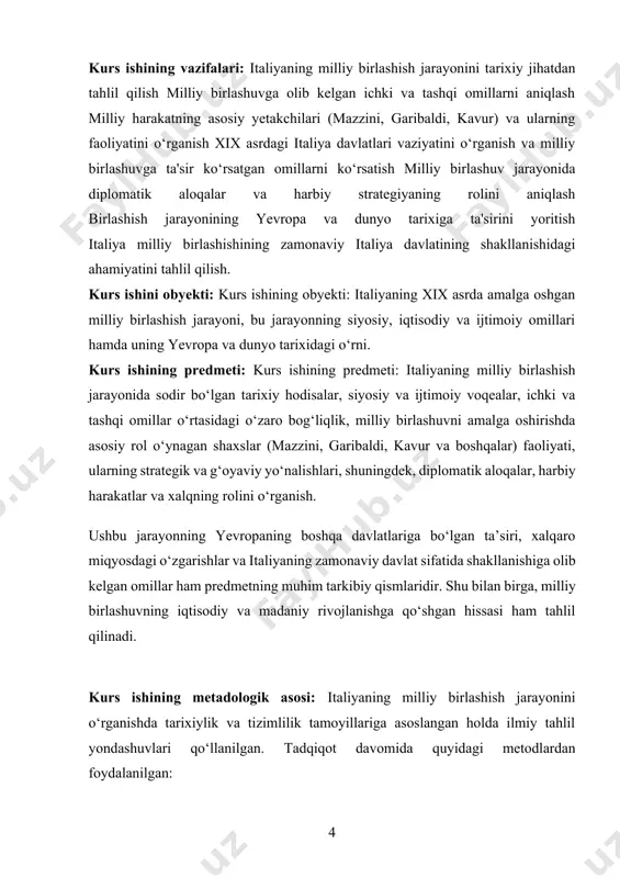 u esa zamonaviy davlat qurilishi va milliy birdamlik jarayonlarini tushunishda qo‘llanishi mumkin ushbu tadqiqot natijalari talaba va o‘quvchilarning tarix fanidan bilimlarini boyitishda, tarixiy jarayonlarni tushunishda amaliy yordam beradi diplomatik va harbiy strategiyalarning o‘rganilishi zamonaviy xalqaro munosabatlar va siyosiy jarayonlarda tajribadan foydalanishga yo‘l ochadi milliy birlashuv jarayonining siyosiy, iqtisodiy va madaniy natijalarini tahlil qilish davlat boshqaruvi, jamiyat taraqqiyoti va milliy birdamlikni mustahkamlashga oid dasturlarni ishlab chiqishda foydali bo‘lishi mumkin italiya milliy birlashuvi tajribasi yevropaning boshqa davlatlarida amalga oshirilgan birlashuv jarayonlarini tahlil qilishga va ularning o‘zaro ta’sirini aniqlashga yordam beradi tadqiqot natijalari tarixiy va madaniy tadbirlarni tashkil qilishda, ta’lim va ilmiy izlanishlarda qo‘llanilishi mumkin ushbu kurs ishi milliy g‘oyaning jamiyatda birlashtiruvchi kuch sifatidagi ahamiyatini chuqurroq tushunishga imkon beradi i bob. italiyaning milliy birlashtirishi 1.1. italiyaning milliy birlashishining boshlanishi va sabablar italiyaning milliy birlashishi xix asrning o‘rtalarida boshlangan va 1870-yillarga kelib yakunlanadi. bu jarayonning boshlanishi bir qancha ichki va tashqi omillarga bog‘liq edi. …
