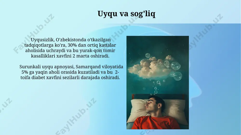 mida haddan tashqari charchoq va konsentratsiya qilish qiyinchiliklarini boshdan kechirib, ish unumdorligiga sezilarli ta'sir ko‘rsatadi. narkolepsiya 2019 yilda oʻtkazilgan tadqiqotlar shuni koʻrsatdiki, yaponiyada narkolepsiya bilan ogʻrigan bemorlarning katta qismi, kasallik alomatlari paydo boʻlgunga qadar, oʻrtacha 10 yildan ortiq vaqt davomida shifokorlarga murojaat qilishmagan. narkolepsiyaning asosiy belgilaridan biri – katapleksiya, ya'ni kuchli his-tuygʻular ta'sirida mushaklarning toʻsatdan zaiflashuvi hisoblanadi. bu holat 80% narkolepsiya bilan kasallangan odamlarda uchraydi va ularning kundalik hayotlariga sezilarli darajada ta'sir qiladi. uyqu buzilishlarini davolash usullari uyqu buzilishlarini davolashda melatonin qo'shimchalari samaradorligi 15 mg dan oshmasligi kerak, buni yevropa mamlakatlaridagi ko'plab mutaxassislar tasdiqlaydi. uyqusizlikka chalingan 30 yoshdan oshgan bemorlarning 70 foizida kognitiv xulq-atvor terapiyasi (kxt) samarali natijalar berganligi aqshning turli klinik tadqiqotlarida tasdiqlangan. e'tiboringiz uchun rahmat @taqdimot_robot image2.jpg image3.jpg image4.jpg image5.jpg image6.jpg image7.jpg image8.jpg image9.jpg image10.jpg image11.jpg image12.jpg image13.jpg image14.jpg image15.jpg image16.jpg image17.jpg image18.jpg image1.png