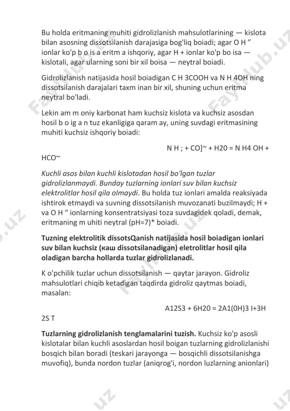 a 2-3 ml dan 0,5 n ai 2(so 4)3 bilan na2co3 eritmalaridan quying va unga 1-2 tomchi lakmus eritmasidan tomizing. probirkani chayqatib aralashtiring. qanday gaz ajraladi va qanday modda cho`kmaga tushadi? gidrolizlanish reaksiyasining molekulyar va ionli tenglamalarini yozing. nima uchun alyuminiy karbonat hosil bo`lmaydi? 3-tajriba.gidrolizlanish darajasiga temperaturaning ta’siri, a)probirkaga 2-3 ml 0,5 n natriy asetat ch3 coona eritmasidan qo`yib, unga 1-2 tomchi fenolftalein eritmasidan tomizing. probirkani aralashtiring va eritma rangiga e’tibor bering. probirkani eritma qaynagunicha qizdiring va eritma rangining o`zgarishini kuzating. gidrolizlanish reaksiyasining molekulyar va ionli tenglamalarini yozing. temperatura ta’sirida eritma rangining o`zgarish sababini tushuntiring. b) probirkaga 2 ml 0,5 n feci3 eritmasidan quying va eritma qaynaguncha probirkani qizdiring. nima kuzatiladi? temir(iii)- xlorid tuzi gidrolizining bosqichli reaksiya tenglamalarini molekulyar va ionli ko`rinishlarda yozing. temperatura oshganda gidrolizlanish muvozanati qaysi tomonga siljiydi? v) probirkaga 3-4 ml 0,5 n zncl2 eritmasidan quying va indikator yordamida eritma muhitini aniqlang. eritmaga kichkina rux bo`lakchasi solib, …