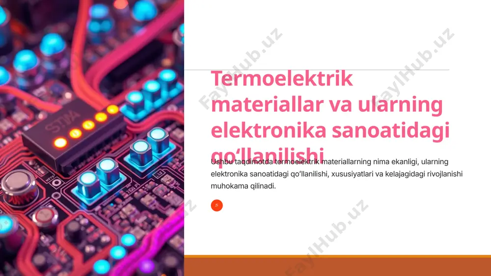 k xususiyatlarini taʼminlaydi. 6 termoelektrik materiallarning qoʻllanilish sohalar elektronika qurilmalarni sovutish, energiya yigʻish tizimlari, sensorlar va boshqa elektronika sohalarida qoʻllaniladi. energetika issiqlik energiyasini elektr energiyasiga oʻzgartirish va issiqlikni boshqarish uchun ishlatiladi. avtomobil avtomobillarda issiqlikni boshqarish tizimlari, energiya yigʻish va chiqindilardan energiya olish uchun ishlatiladi. 7 termoelektrik materiallarga qoʻyiladigan talablar 1 yuqori samaradorlik termoelektrik materiallar issiqlik energiyasini elektr energiyasiga oʻzgartirishda yuqori samaradorlikka ega boʻlishi kerak. 2 arzon narx ularning narxi raqobatbardosh boʻlishi kerak, shunda keng koʻlamli qoʻllanilish imkoniyati boʻladi. 3 uzoq muddatli chidamlilik termoelektrik materiallar yuqori haroratlarda, shok va boshqa qiyin sharoitlarda uzoq vaqt ishlashi kerak. 8 termoelektrik materiallarga taʼsir etuvchi omillar harorat haroratning oʻzgarishi termoelektrik samaradorlikka taʼsir qiladi, chunki u materialning elektr oʻtkazuvchanligi va issiqlik oʻtkazuvchanligiga taʼsir qiladi. kimyoviy tarkib termoelektrik materialning kimyoviy tarkibi uning elektr oʻtkazuvchanligi, issiqlik oʻtkazuvchanligi va termoelektrik samaradorligiga taʼsir qiladi. tuzilishi materialning kristalli tuzilishi uning elektr oʻtkazuvchanligi va issiqlik oʻtkazuvchanligiga taʼsir qiladi. 9 termoelektrik materiallarga qoʻllanilayotgan …