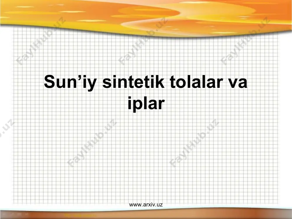 osim ostida utkaziladi (filьera-maxsus metaldan yasalgan asbob 66, xar 1sm3 yuzada 500 ga yakin eshikchalari bor.) uchinchi boskich- tolani padozlash operatsiyalaridan iborat. uzbekiston kimyo sanoatining kimyoviy tolalar ishlab chikaradigan tarmogi yaxshi yulga kuyilgan. fargona otsetat ipak (sun’iy tola) zavodi, navoiy nitron tolasi (jun urnida ishlatiladigan sitetik tola) zavodi shular jumlasidandir. uzbekistonda tsellgoloza atsetat zavodlari xam bulib, ularda ishlab chikariladigan tsellyuloza atsetotdan diatsetet va triatsetat kabi sun’iy tola olinadi. www.arxiv.uz www.arxiv.uz www.arxiv.uz www.arxiv.uz iii va iv sort paxta linti xom ashyo sifatida ishlatilad. tsellyuloza, undan esa tsellonitron tola olinadi. meditsina maksadlari uchun ishlatiladigan suvda eriydigan atsetat tolalar xam yaratilmokda, ular karboksimetiltsellyulozadan yoki atsetat tsellyulozani kislotada gidrolizlab olinadi. kimyoviy tola ishlab chikarishning usishiga kuyidagilar sabab bulmokda: kimyoviy tolalarning ijobiy fizik-mexanik va ekspluatatsion xossalari. ularni kupligi (neftь, gaz, toshkumir, yogoch, kishlok xujalik chikindilari va x.k.) xamda bu xom ashyo zaxiralarining kupligi. kimyoviy tola ishlab chikarishda texnik-iktisodiy kursatkichlar tabiiy tola ishlab chikarishdagiga karaganda yukori. …
