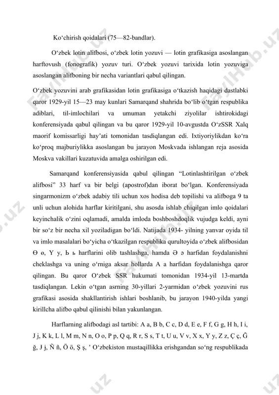 oʻra koʻproq majburiylikka asoslangan bu jarayon moskvada ishlangan reja asosida moskva vakillari kuzatuvida amalga oshirilgan edi. samarqand konferensiyasida qabul qilingan “lotinlashtirilgan oʻzbek alifbosi” 33 harf va bir belgi (apostrof)dan iborat boʻlgan. konferensiyada singarmonizm oʻzbek adabiy tili uchun xos hodisa deb topilishi va alifboga 9 ta unli uchun alohida harflar kiritilgani, shu asosda ishlab chiqilgan imlo qoidalari keyinchalik oʻzini oqlamadi, amalda imloda boshboshdoqlik vujudga keldi, ayni bir soʻz bir necha xil yoziladigan boʻldi. natijada 1934- yilning yanvar oyida til va imlo masalalari boʻyicha oʻtkazilgan respublika qurultoyida oʻzbek alifbosidan ө ө, y y, ь ь harflarini olib tashlashga, hamda ə ə harfidan foydalanishni cheklashga va uning oʻrniga aksar hollarda a a harfidan foydalanishga qaror qilingan. bu qaror oʻzbek ssr hukumati tomonidan 1934-yil 13-martda tasdiqlangan. lekin oʻtgan asrning 30-yillari 2-yarmidan oʻzbek yozuvini rus grafikasi asosida shakllantirish ishlari boshlanib, bu jarayon 1940-yilda yangi kirillcha alifbo qabul qilinishi bilan yakunlangan. harflarning alifbodagi asl tartibi: a …