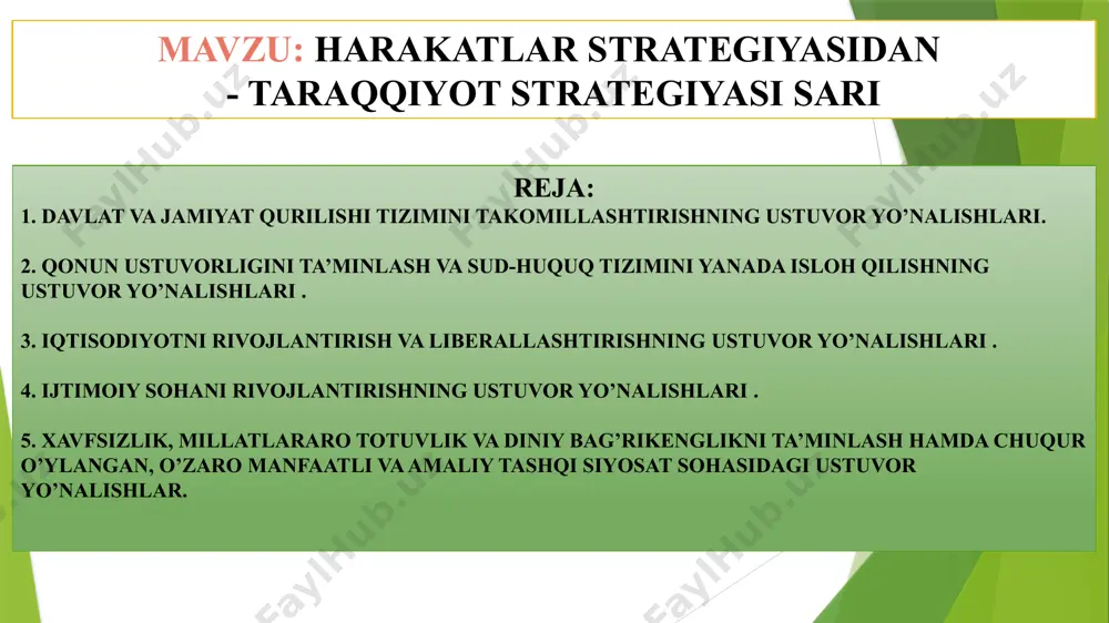 uvi tizimini takomillashtirish: ii. qonun ustuvorligini ta’minlash va sud-huquq tizimini yanada isloh qilishning ustuvor yo’nalishlari 2.1. sud hokimiyatining chinakam mustaqilligini ta’minlash, sudning nufuzini oshirish, sud tizimini demokratlashtirish va takomillashtirish: 2.2. fuqarolarning huquq va erkinliklarini ishonchli himoya qilish kafolatlarini ta’minlash: 2.3. ma’muriy, jinoyat, fuqarolik va xo’jalik qonunchiligini takomillashtirish: 2.4. jinoyatchilikka qarshi kurashish va huquqbuzarliklarning oldini olish tizimini takomillashtirish: 2.5. sud-huquq tizimida qonuniylikni yanada mustahkamlash: 2.6. yuridik yordam va xizmat ko’rsatish tizimini takomillashtirish: iii. iqtisodiyotni rivojlantirish va liberallashtirishning ustuvor yo’nalishlari 3.1. makroiqtisodiy barqarorlikni yanada mustahkamlash va yuqori iqtisodiy o’sish sur’atlarini saqlab qolish: 3.2. tarkibiy o’zgartirishlarni chuqurlashtirish, milliy iqtisodiyotning etakchi tarmoqlarini modernizasiya va diversifikasiya qilish hisobiga uning raqobatbardoshligini oshirish: 3.3. qishloq xo’jaligini modernizasiya qilish va jadal rivojlantirish: 3.4. iqtisodiyotda davlat ishtirokini kamaytirish, xususiy mulk huquqini himoya qilish va uning ustuvor mavqeini yanada kuchaytirish, kichik biznes va xususiy tadbirkorlik rivojini rag’batlantirishga qaratilgan institusional va tarkibiy islohotlarni davom ettirish: 3.5. viloyat, tuman va shaharlarni kompleks …