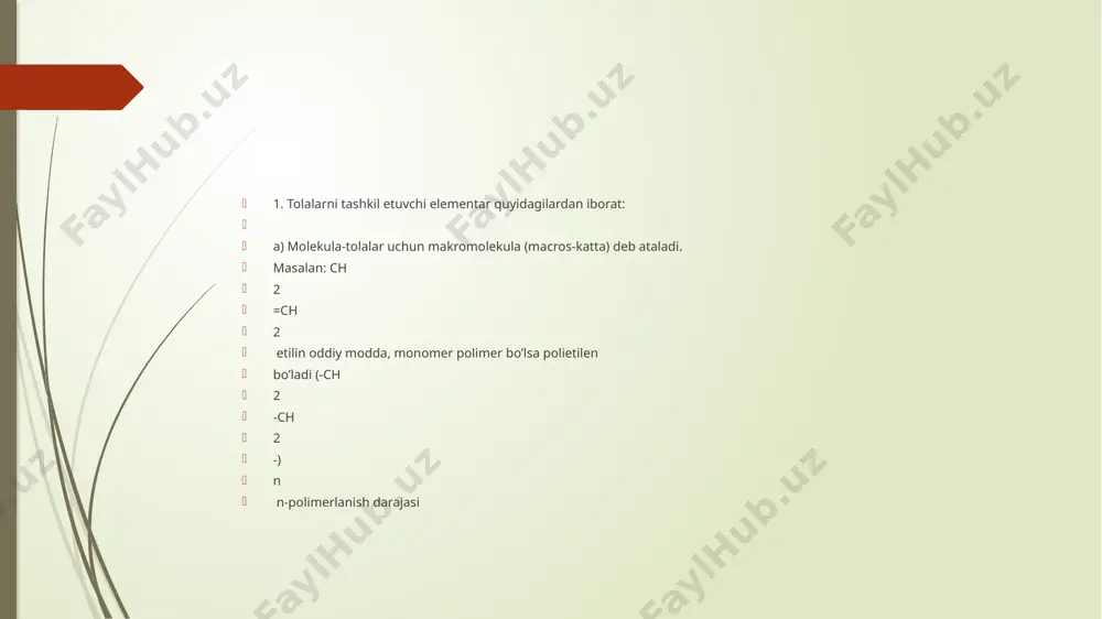 ha yog’ochi 1. tellyuloza 96 80,5 71,5 55,2 2. pektin 1,5 8,4 - 11,2 3. lignin - 5,2 21,3 27 4. azotli va oqsil mod. 0,3 2,1 - 0,8-8,0 5. yog’ mum 1,0 1,7 0,4 /docprops/thumbnail.jpeg