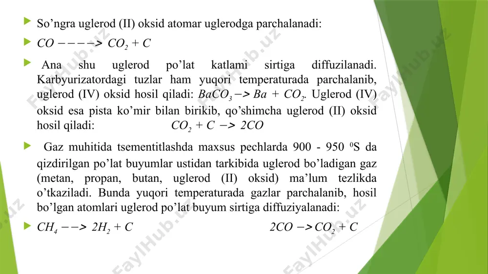 ’rta va yuqori temperaturada tsianlash usullari mavjud. ishni bajarish uchun kerakli asbob, jihoz va materiallar. mufel pechi, termoelektrik pirometr yoki termometrlar, qatiqlikni aniqlash asbobi, karbyurizator va tsianizatorga solinadigan pista ko’mir, tuzlar, turli xil po’lat namunalari, suv va moy vannalar, qisqich, egov, jilvir qog’oz va h.z. ishni bajarish tartibi. 1. kimyoviy - termik ishlov berishdan oldin po’lat namunalarining mikrostrukturasi o’rganilib, ularning qattiqligi o’lchanib olinadi. 2. po’latlar qattiq karbyurizatorda 920 0c temperaturada, 1 soat davomida tsementitlanadi va tsementitlangan po’lat birinchi tur oddiy ishlov beriladi. 3. shu tarzda ishlov berilgan namunalardan mikroshlif tayyorlanib, uning mikrostrukturasi va rokvell bo’yicha qattiqligi tekshiriladi. 4. tsementitlangan va tsementitlanmagan po’lat namunalarini strukturasi hamda qatiqlik orasidagi o’zgarish aniqlanadi, umumiy xulosa chiqariladi. 5. po’latlar namunalari tsianizatorda 920 0s temperaturada, 1 soat davomida tsianlanadi va qolgan jarayonlar tsementitlashdagi kabi olib boriladi. 6. tsementitlash va tsianlash jarayonlari natijasida olingan ma’lumotlar o’zaro taqqoslanadi va olingan natijalar quyidagi jadvalga kiritiladi. /docprops/thumbnail.jpeg