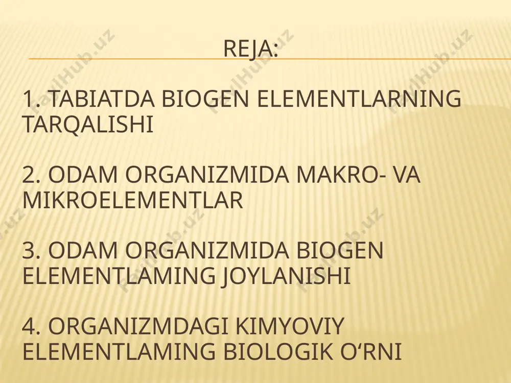 er yuzasida tirik organizmlar faoliyati natijasida turli miqdorda minerallar, tabiiy kimyoviy moddalar hosil bo'ladi. masaian, suyakli tirik organizmlar atrof - muhitdan kalsiyni ajratib olib o‘z tanasiga yig‘adi. tog‘ jinslari masalan, temir rudasi hosil bo‘lishida mikroorganizmlar faoliyati natijasi ekanligi aniqlangan. kimyoviy elementlar odam organizmiga turli yo‘llar bilan kiradi. tirik organizmdagi mavjud elementlar yer qobig'ida ham ko‘p tarqaigan. lekin ba'zan chetlanish ro‘y bergan. masalan, yer qobig‘ida kremniyning massa uiushi 27,6% ga teng. aluminiy ham yer qobig‘ida 7,45% bolgan holda tirik oiganizmda juda kam (1 • 10-5 %). odam organizmida makro- va mikroelementlar makroelementlar. ularning organizmdagi massa ulushi 10-2 % dan yuqori. ularga o, h, c, n, p, s, ca, mg, na, k va с1 kiradi; mikroelementlar. ularning organizmdagi massa ulushi 10-5 % dan 10-2 % gacha boradi. bu elementlarga fe, i, cu, as, f, br, sr, ba, co kiritiladi; ultramikroelementlar. ularning organizmdagi miqdori 10-2 % dan kam bo‘ladi. bu elementiarga hg, au, …