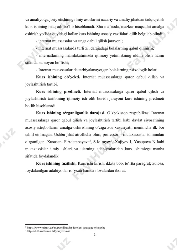 g o‘ziga xos xususiyati, menimcha ilk bor tahlil etilmagan. ushbu jihat atroflicha olim, professor – mutaxassislar tominidan o‘rganilgan. xususan, f.adambayeva[footnoteref:2], s.jo‘rayev[footnoteref:3], xojiyev i, yusupova n kabi mutaxassislar ilmiy ishlari va ularning adabiyotlaridan kurs ishimizga manba sifatida foydalandik. [2: https://www.ubtuit.uz/en/post/linguist-foreign-language-olympiad] [3: http://el.tfi.uz/0-muallif/jorayev-a-s/] kurs ishining tuzilishi. kurs ishi kirish, ikkita bob, to‘rtta paragraf, xulosa, foydalanilgan adabiyotlar ro‘yxati hamda ilovalardan iborat. i bob. internat muassasalari turlari va unga qaror qabul qilish 1.1. internat muassasalar va unga qabul qilish jarayoni internat maktab - oʻzbekistonda oila, maktab va maktabdan tashkari taʼlim-tarbiya vazifasini oʻtaydigan umumiy oʻrta taʼlim maktabi. i.m.da bolalar yashab, tarbiyalanadi va oʻqiy-di (bolalarning bir qismi yakshanba va kanikul kunlarini uylarida oʻtka-zadi). ayrim i.m.lar muayyan mutaxassislik boʻyicha ixtisoslashadi, mas, musiqa i.m., sport i.m. uning yaxshi jihozlangan oʻquv binolari, tajriba uchastkalari, i.ch. ustaxonalari, lab.lari va b. boʻladi. i.m.da taʼlim-tarbiya ishlari mehnat bilan uzviy bogʻlangan holda olib boriladi. i.m.ga bolalar ota-onalari yoki ularning oʻrnini bo-suvchi shaxslarning ixtiyorlari …