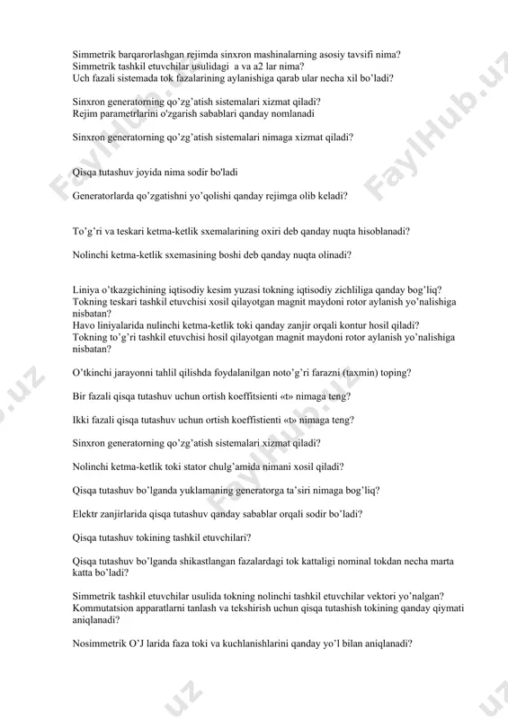 orning qo’zg’atish sistemalari nimaga xizmat qiladi? qisqa tutashuv joyida nima sodir bo'ladi generatorlarda qo’zgatishni yo’qolishi qanday rejimga olib keladi? to’g’ri va teskari ketma-ketlik sxemalarining oxiri deb qanday nuqta hisoblanadi? nolinchi ketma-ketlik sxemasining boshi deb qanday nuqta olinadi? liniya o’tkazgichining iqtisodiy kesim yuzasi tokning iqtisodiy zichliliga qanday bog’liq? tokning teskari tashkil etuvchisi xosil qilayotgan magnit maydoni rotor aylanish yo’nalishiga nisbatan? havo liniyalarida nulinchi ketma-ketlik toki qanday zanjir orqali kontur hosil qiladi? tokning to’g’ri tashkil etuvchisi hosil qilayotgan magnit maydoni rotor aylanish yo’nalishiga nisbatan? o’tkinchi jarayonni tahlil qilishda foydalanilgan noto’g’ri farazni (taxmin) toping? bir fazali qisqa tutashuv uchun ortish koeffitsienti «t» nimaga teng? ikki fazali qisqa tutashuv uchun ortish koeffistienti «t» nimaga teng? sinxron generatorning qo’zg’atish sistemalari xizmat qiladi? nolinchi ketma-ketlik toki stator chulg’amida nimani xosil qiladi? qisqa tutashuv bo’lganda yuklamaning generatorga ta’siri nimaga bog’liq? elektr zanjirlarida qisqa tutashuv qanday sabablar orqali sodir bo’ladi? qisqa tutashuv tokining tashkil etuvchilari? qisqa tutashuv bo’lganda …
