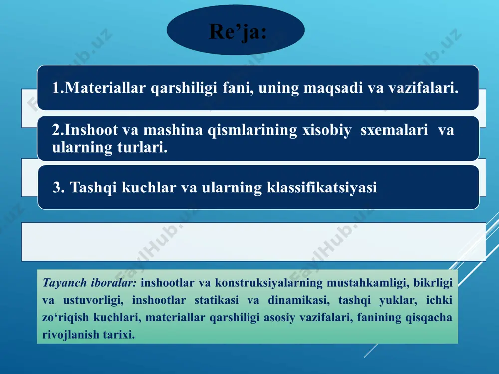 ngan qismning qolgan qismiga ilgari ko’rsatgan tasiri gi, f2 ...kuchlar bilan almashtiriladi, bu kuchlar kesim yuzi bo’yicha taqsimlanadi yani ular kesimning har bir nuqtasiga qo’yilgan bo’lishi kerak; 4) qoldirilgan chap kismining muvozanat sharti yoziladi. sterjenga tekis kuchlar sistemasi tasir qilayotgan bo’lsa, quydagi muvozanat tenglamalaridan foydalaniladi. agar tasir qilayotgan kuchlar bir tekislikda yotmasa bir-tekislikda-yotmaydigan fazoviy sistema uchun berilgan oltita muvozanat tenglamalaridan foydalaniladi. agar tasir qilayotgan kuchlar bir tekislikda yotmasa, fazoviy sistema uchun berilgan oltita muvozanat tenglamalaridan fo’ydalaniladi. umumiy holda bursning ko’ndalang kesim yuzasida oltita ichki kuch faktori hosil bo’ladi. ichki bo’ylama kuch n x , ko’ndalang kuchlar q y va q z lar, hamda buralish momenti m x , vertikal va gorizontal tekisliklarda ichki eguvchi momentlar m y m z , bu ichki kuch faktorlarini yuqoridagi statikaning muvozanat tenglamalari yordamida topiladi. kuchlanishlar. normal va urinma kuchlanish kuchlanish ham ichki kuch singari vektorli qiymat bo’lib, ichki kuch yo’nalashida bo’ladi. demak, ichki kuch …