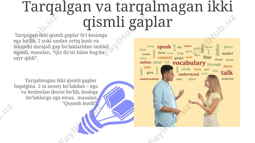tsional holatlarni ifodalaydi va ularning tarkibida 3 tadan ortiq so'z bo'lishi mumkin, masalan, "qorong'u!" kabi his-tuyg'ularni ifodalovchi gaplar. nom kesimli bir qismli gaplar 1- shaxs yoki 2- shaxs o'zlik olmoshlarini bildirmaydi, lekin ularning mavjudligini fe'lning shaxs-son ko'rsatkichi orqali tushunish mumkin. ikkita qismli gapdagi kesim ikkita qismli gapdagi kesim, ega bilan bog‘lanib, uning harakatini, holatini yoki belgisini ifodalaydi va gapning grammatik asosini tashkil etadi. uning tarkibida 1 dan ortiq so‘z ham bo‘lishi mumkin. kesimning turiga qarab, ikkita qismli gaplar 2 turga bo‘linadi: fe’l kesimli va fe’l bo‘lmagan kesimli gaplar. fe’l kesimli gaplarda kesim fe’l bilan ifodalansa, fe’l bo‘lmagan kesimli gaplarda ot, sifat, ravish yoki sonlar kesim vazifasini bajaradi. ikkita qismli gapdagi ega 01 02 ikki qismli gapdagi ega, odatda, birinchi qismda, kesim esa ikkinchi qismda joylashadi va ular orasida bog'lovchi so'zlar bo'lishi mumkin. sales 1st qtr 2nd qtr 100 0 sales 1st qtr 2nd qtr 100 0 ikkita qismli gaplarning asosiy …