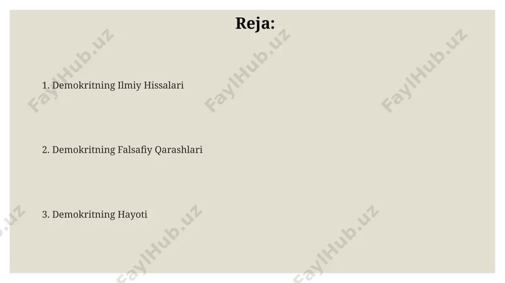 70 dan ortiq kitoblari bizgacha yetib kelmagan, faqatgina parchalar va iqtiboslar orqali ma'lum. uning atomlar haqidagi nazariyasi, ya'ni butun olamning son-sanoqsiz mayda, boʻlinmas zarralardan – atomlardan tashkil topganligi haqidagi fikri, 2000 yildan ortiq vaqt davomida ilmiy dunyoni o'ziga jalb qilib kelgan. demokrit miloddan avvalgi 460-yilda abderada (hozirgi bolgariya) tugʻilib, boy oilada tarbiyalangan va 90 yoshga yaqin umr koʻrgan, falsafa va tabiatshunoslikka katta hissa qoʻshgan. atomizm nazariyasi demokritning atomizm nazariyasi, miloddan avvalgi 5-asrda abderada shakllangan bo'lib, moddaning eng kichik bo'linmas birligi atomlar ekanligini ta'kidlaydi, ular son-sanoqsiz va turli shakl, o'lcham va og'irliklarda bo'lishi mumkin. atomizm nazariyasi bo'yicha atomlar bo'shliqda harakatlanadi va ularning birlashishi natijasida murakkab jismlar hosil bo'ladi. bu nazariya 2000 yildan ortiq vaqt davomida insoniyatning tabiat haqidagi tasavvurlariga ta'sir ko'rsatdi. demokrit atomizm nazariyasini rivojlantirishda leucippus bilan hamkorlik qildi va bu nazariya keyinchalik yunon faylasuflari tomonidan, xususan epikur va lukretiy tomonidan rivojlantirildi va rim imperiyasi davriga qadar saqlanib qoldi. ilmiy kashfiyotlari …
