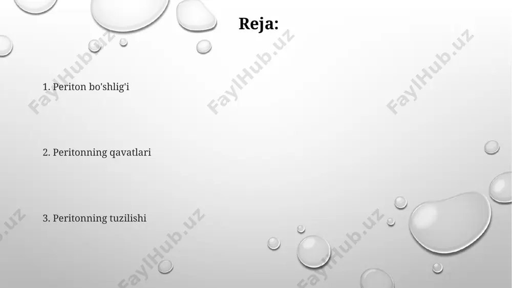 р келиб чиқиши мумкин. peritonning rivojlanishi qorin bo'shlig'ining rivojlanishi jarayonida, peritonning ventral va dorsal qismlari 5-6 haftaga kelib aniq shakllana boshlaydi va keyinchalik o'zaro bog'lanishlar hosil qiladi. peritoneal bo'shliqning to'liq shakllanishi tug'ilishdan keyingi 1-2 yil davom etadi, bu davrda oshqozon, jigar kabi a'zolarning peritoneal birikmalari yakunlanadi. peritonning rivojlanishi embrional davrda, taxminan 4-8 hafta o'rtasida, mezenximadan hosil bo'ladi va ichak naychasini 3 o'lchamli fazoviy strukturaga aylantiradi. peritonning klinik ahamiyati peritoneal dializ, buyrak yetishmovchiligi bo'lgan 5000 dan ortiq bemorga o'zbekistonning toshkent shahridagi tibbiyot muassasalarida qo'llaniladi, bu usul peritonning filtrlash qobiliyatidan foydalanadi. qorin bo'shlig'i organlarining 70% dan ortig'i peritoneum bilan qoplanadi, shuning uchun uning anatomiyasini bilish jarrohlik amaliyotlari, masalan, appendektomiya yoki laparoskopiya, paytida muhim ahamiyatga ega. peritonit, qorin bo'shlig'ining yallig'lanishi, yiliga 100,000 dan ortiq holatni tashkil etadi va o'zbekistonda yuqumli kasalliklar orasida yuqori o'rinda turadi, tezkor jarrohlik aralashuvni talab qiladi. ichak va periton periton bo'shlig'ida taxminan 7 litrgacha suyuqlik bo'lishi mumkin, bu suyuqlikning …