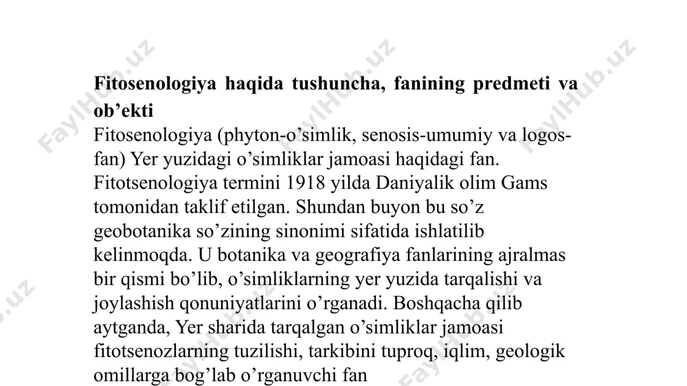 ur. fitotsenologiyaning alohida fan bo’lib shakllanishida rus olimi v. n. sukachevning “rastitelniye soobshestva” (1913) kitobi katta rol o’ynadi. geobotanika sohasiga bag’ishlangan dastlabki, ilk o’quv qo’llanmasini 1902 yilda a. flerov va b. fedchenkolar yaratdi. bu darslik uzoq vaqt geobotanikadan asosiy manba bo’lib xizmat qildi. o’zbekistonda ham geobotanika fanining o’ziga xos bosqichlari bo’lib, o’zbekistonlik olimlarning bu sohadagi ilmiy ishlari dunyo geobotanika faniga qo’shilgan hissadir. o’zbekiston va o’rta osiyoda unga yondosh hududlarda dastlabki botanik-geografik va geobotanik tekshirishlar x1x asrda boshlandi. aliksandir leman 1841 yilda buxoro va samarqand atroflaridan, zarafshon daryosining yuqori oqimidan ko’plab botanik materiallar to’pladi. ushbu yig’ilgan materiallanga asoslanib i. g.borshov 1865 yilda zarafshon vodiysini alohida botanik geografik rayonga ajratdi. o’rta osiyo cho’llari shimoliy rayonlarining o’simliklar formatsiyalarini o’rganish natijasida, o’simliklar qoplami mustaqil yo’l bilan paydo bo’lib rivojlanganligini isbotladi. o. a. fedchenko zarafshon vodiysida 1868-1871 yillarda tekshirishlar olib borib, bir yarim mingga yaqin o’simlik turlarini aniqladi. a. b. bunakovskiy 1873-1874 yillarda chirchiq daryosi …