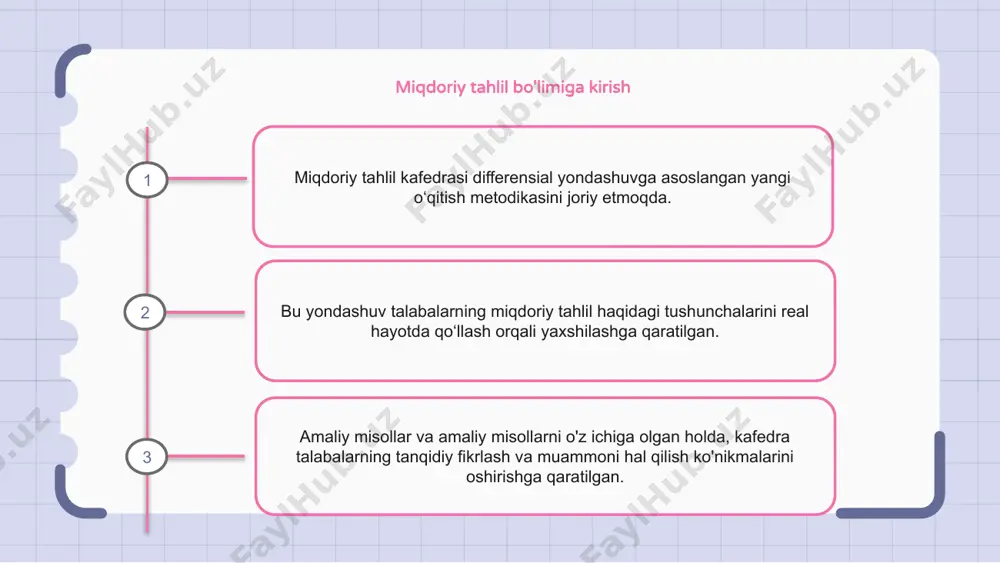 htiyojlari va qobiliyatlarini hisobga olgan holda, o'quvchilar uchun yanada shaxsiylashtirilgan ta'lim tajribasiga imkon beradi. ikkinchidan, differensial yondashuv tanqidiy fikrlash va muammolarni hal qilish ko'nikmalarini rag'batlantiradi, chunki u kontseptsiyalarni real hayotiy vaziyatlarga qo'llashga urg'u beradi. differensial yondashuvning talabalar faoliyatiga ta'sirini tahlil qilish miqdoriy tahlil kafedrasining o‘qitish metodikasi differentsial yondashuv asosida takomillashtirilmoqda. tahlil qilinayotgan jihatlardan biri differensial yondashuvning talabalar faoliyatiga ta'siridir. ushbu chuqur tahlil differensial yondashuv talabalarning o'qishi va akademik natijalarini qanday yaxshilashi mumkinligini tushunishga qaratilgan. 1 2 3 o'qitish metodikasini takomillashtirish bo'yicha qadamlar miqdoriy tahlil kafedrasi o‘qitish metodikasini takomillashtirishning birinchi bosqichi differensial yondashuvni amalga oshirishdan iborat. ushbu yondashuv har bir talaba uchun individual ta'lim ehtiyojlari va afzalliklaridan kelib chiqqan holda shaxsiylashtirilgan ko'rsatmalar berishga qaratilgan. o'qitish usullarini talabalarning o'ziga xos talablariga moslashtirib, kafedra yaxshi ta'lim natijalari va faolligini ta'minlashi mumkin. kafedra uchun yaxlit asosni ishlab chiqish miqdoriy tahlil kafedrasining o‘qitish metodikasi differentsial yondashuv asosida takomillashtirilmoqda. kafedrani har tomonlama takomillashtirishni ta'minlash uchun yaxlit …
