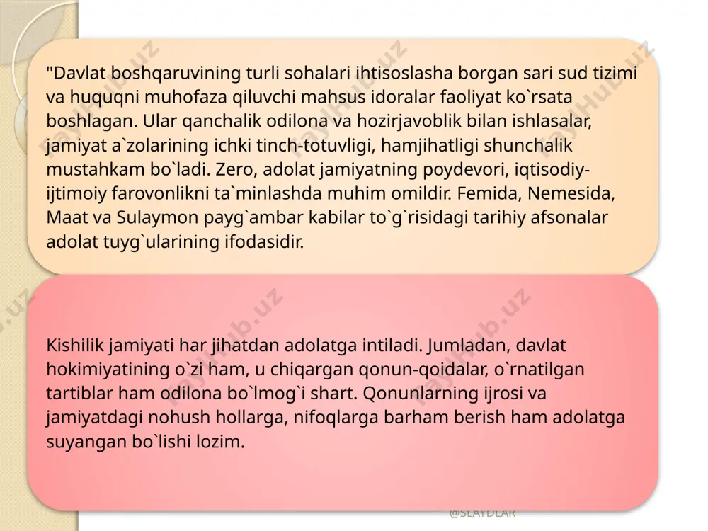 nidan saylanadi yoki tayinlanadi. @slaydlar viloyat sudlari, toshkent shahar sudlari, tumanlararo, tuman (shahar) sudlari sudyalari o`zbekiston respublikasi prezidenti huzuridagi sudyalarni tanlash va lavozimlarga tavsiya etish bo`yicha oliy malaka komissiyasining taqdimnomasiga ko`ra, ho`jalik sudlarining sudyalari esa, o`zbekiston respublikasi oliy ho`jalik sudi raisining taqdimnomasiga binoan o`zbekiston respublikasi prezidenti tomonidan tayinlanadi @slaydlar harbiy sudlar sudyalari o`zbekiston respublikasi prezidenti huzuridagi sudyalarni tanlash va lavozimlarga tavsiya etish bo`yicha oliy malaka komissiyasining taqdimnomasiga binoan o`zbekiston respublikasi prezidenti tomonidan tayinlanadi. sudyalar besh yil muddatga saylanadi yoki tayinlanadi. ilk bor sudyalik lavozimiga saylangan yoki tayinlangan shaxs qonunning 64-moddasida belgilangan tartibda qasamyod qiladi. @slaydlar @slaydlar qonun sudyalarning shaxs dahlsizligini belgilaydi. sudyaning dahlsizligi uning turar joyiga, hizmat honasiga, foydalanadigan transporti va aloqa vositalariga, hat-habarlariga, unga tegishli ashyolar va hujjatlarga taalluqlidir. qonun sudyalarning o`zlarini ham jinoiy javobgarlikka tortishning alohida tartibini belgilaydi. shuningdek, sudyalarning tegishli malaka hay`atining roziligisiz ma`muriy javobgarlikka tortilishi mumkin emas. sudyani jinoiy javobgarlikka tortish faqat qonun bilan belgilab qo`yilgan …