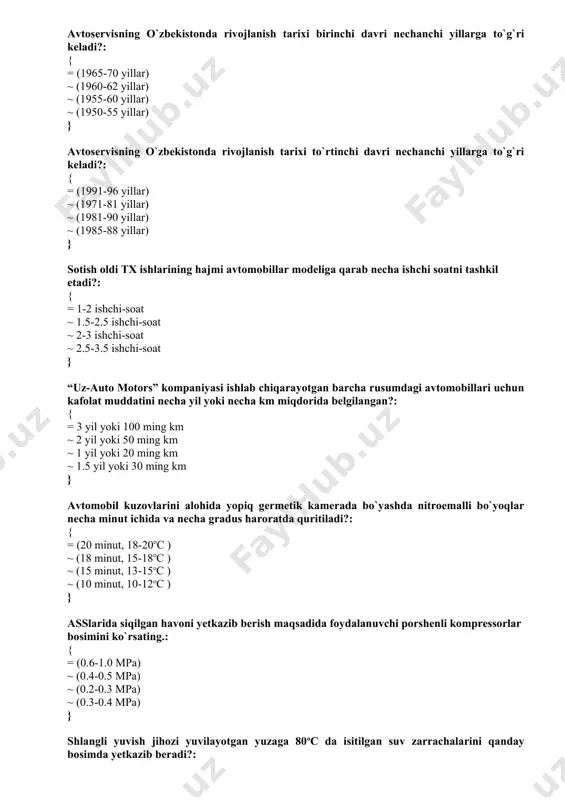 bekistonda rivojlanish tarixi to`rtinchi davri nechanchi yillarga to`g`ri keladi?: { = (1991-96 yillar) ~ (1971-81 yillar) ~ (1981-90 yillar) ~ (1985-88 yillar) } sotish oldi tx ishlarining hajmi avtomobillar modeliga qarab necha ishchi soatni tashkil etadi?: { = 1-2 ishchi-soat ~ 1.5-2.5 ishchi-soat ~ 2-3 ishchi-soat ~ 2.5-3.5 ishchi-soat } “uz-auto motors” kompaniyasi ishlab chiqarayotgan barcha rusumdagi avtomobillari uchun kafolat muddatini necha yil yoki necha km miqdorida belgilangan?: { = 3 yil yoki 100 ming km ~ 2 yil yoki 50 ming km ~ 1 yil yoki 20 ming km ~ 1.5 yil yoki 30 ming km } avtomobil kuzovlarini alohida yopiq germetik kamerada bo`yashda nitroemalli bo`yoqlar necha minut ichida va necha gradus haroratda quritiladi?: { = (20 minut, 18-20oc ) ~ (18 minut, 15-18oc ) ~ (15 minut, 13-15oc ) ~ (10 minut, 10-12oc ) } asslarida siqilgan havoni yetkazib berish maqsadida foydalanuvchi porshenli kompressorlar bosimini ko`rsating.: { = …