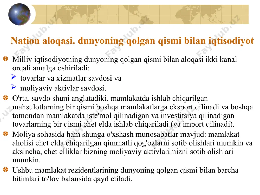 peratsiyalar. to'lov balansi (pb) asosida qurilgan iz. buch tamoyillari. buxgalteriya hisobi: har bir operatsiya ikki marta aks ettiriladi-bitta moddaning krediti va boshqasining debeti bo'yicha. ushbu qoida juda oddiy ekonga ega. izoh: ekonning aksariyati. operatsiyalar econning ekvivalent almashinuvidan iborat. qadriyatlar. agar bepul iqtisodiy ta'minot mavjud bo'lsa. qiymatlar (tovarlar, xizmatlar yoki moliyaviy aktivlar), ushbu operatsiyani hisobvaraqlarda ikki marta aks ettirish uchun pbga "transfertlar"deb nomlangan maxsus maqola kiritiladi. barcha kredit yozuvlarining yig'indisi debet yozuvlari miqdoriga to'g'ri kelishi kerak va umumiy qoldiq har doim nolga teng bo'lishi kerak. biroq, amalda muvozanatga hech qachon erishilmaydi. kredit va debet yozuvlari summalari o'rtasidagi tafovut "sof xatolar va o'tkazib yuborishlar"deb nomlanadi. to'lov balansi: 2 ta asosiy bo'lim: joriy operatsiyalar hisobi joriy operatsiyalar hisobvarag'ida tovarlar va xizmatlar savdosi (litsenziyalarni to'lash, %to'lovlar, investitsiyalar uchun sof daromad, tovarlarni import-eksport qilish) va transfer to'lovlari (aholining pul o'tkazmalari) aks ettiriladi. agar tovarlar va xizmatlar eksporti ularning importidan oshsa, ya'ni sof eksport ijobiy bo'lsa, …