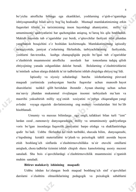 nday o`quvchilar bilan maxsus indivudual va guruhiy shugullansa, bilim jarayonlari rivojlantirilsa , o`zlashtirmaslikning kamayishga olib kelishi mumkin. bitiruv malakaviy ishining vazifalari. belgilangan maqsad va ilmiy farazlardan kelib chiqqan holda , tadqiqot ishini olib borish uchun quyidagi vazifalarni belgiladik: 1) tadqiqot ishi mavzusiga doir maxsus adabiyotlar bilan tanishib, tegishli materiallarni to’plash va psixolik pedagogik tahlil asosida bayon etish. 2) boshlang`ich sinflarda o`zlashtirmovchilikka ta`sir etuvchi omillarni aniqlash. 3) o`zlashtirmovchi o`quvchilar bilan olib boriladigan korreksion dastur ishlab chiqish. 4) tadqiqot ishi muammosiga mos metodika tanlash, aniqlovchi, shakllantiruvchi, nazorat tajribalarini o`tkazish. 5)boshlang`ich sinflarda o`zlashtirmovchi o`quvchilarning psixologik xususiyatlarini o`rganish maqsadi, mazmuni va tadqiqot ishining amaliy axamiyati yuzasidan psixologik –pedagogik tavsiyalar ishlab chiqarish. belgilangan vazifalar har tamonlama yetuk, ijodiy va mustaqil fikrlovchi insonni o`rganish, tarbiyalash, o`quvchi va yoshlarni aqliy faolligini yukksaltirish muammolari bilan uzviy bo`g`liqligi tufayli muhim ahamiyatga egadir. malakaviy bitiruv ishining predmeti. ushbu bitiruv malakaviy ishining predmeti: boshlang`ich sinflardagi o`zlashtirmovchi o`quvchilarning psixologik xususiyatlarini o`rganishdan iborat. …