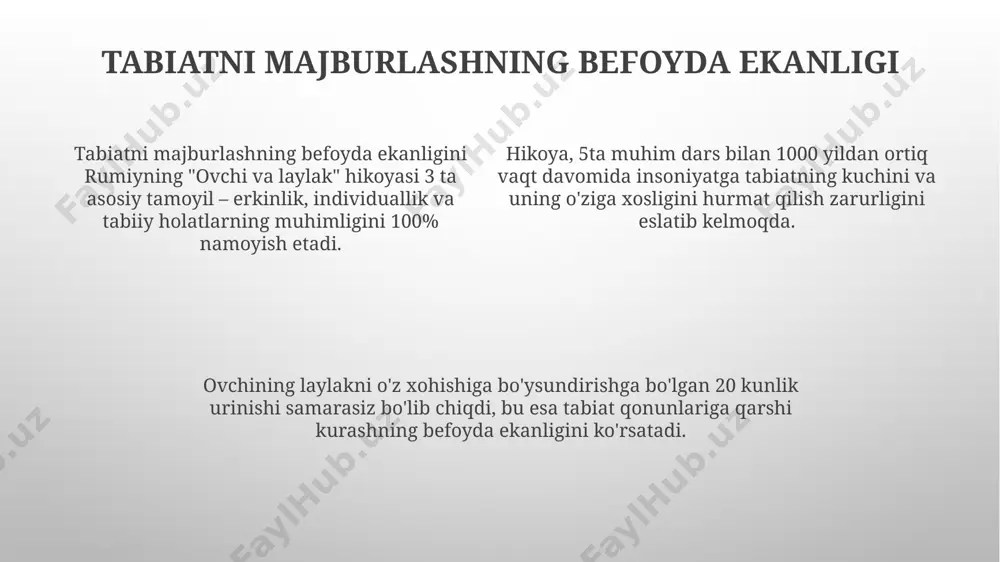 ali anglash va uning oʻziga xosligini qabul qilishdir. xulosa va xulosalar rumiyning "ovchi va laylak" hikoyasining xulosasi, 3 ta asosiy mavzu – tabiatga zo'r bermaslik, shaxsiylikni hurmat qilish va ozodlikning ahamiyatini 1:3 nisbatda aks ettiradi. hikoya, insonning tabiatga bo'lgan aralashuvining samarasizligini va individualizmni hurmat qilishning ahamiyatini 2 ta asosiy fikr orqali ta'kidlaydi, bu esa 70% ta'sirchanlikni yaratadi. ushbu hikoyaning ta'limiy ahamiyati, ma'naviy o'sish va insonning o'z tabiatini tushunish bilan bog'liq bo'lib, 3 bosqichli rivojlanish modelini taqdim etadi. hikoyaning qisqacha mazmuni hikoyaning kulminatsion nuqtasi ovchining shohinni ozod qilishi bilan yakunlanadi, bu esa 1 ta muhim falsafiy xulosani – majburlashning foydasizligini ta'kidlaydi. hikoya, shohinning tabiiy holatini saqlash istagi va ovchining uni bo'ysundirishga bo'lgan urinishi o'rtasidagi 2 ta qarama-qarshi kuchlarni namoyish etadi. o'zbekcha hikoya, bo'richi 1 ta ovchini va 1 ta qushni (shohin) o'z ichiga oladi, unda 3 ta asosiy element: ovchi, shohin va ularning o'zaro munosabatlari mavjud. o'qchining umidsizlikka tushishi ovchining umidsizlikka …