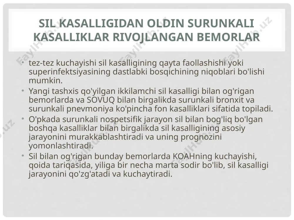 an kam uchraydi. sil bilan kasallangan va davolangan bemorlar doimiy monitoring va profilaktik davolanishga muhtoj. sil kasalligidan keyingi o'zgarishlar va surunkali respirator kasalliklar bilan og'rigan , o'tmishda faol respirator sil kasalligi bilan og'rigan bemorlar og'ir bemorlar guruhini tashkil qiladi . bu holat sabab: 1) sil kasalligining kuchayishi va o'ziga xos bo'lmagan kuchayishi differentsial tashxisini murakkablashtiradigan turli xil o'pka belgilari; 2) o'pkada sil kasalligi jarayonining tabiati, silning keng tarqalgan shakllarining tez-tez mavjudligi, chirish va bakterial ekskretsiya . surunkali respirator kasalliklar bilan og'rigan bemorlarda takroriy sil kasalligi ko'pincha boshqa birga keladigan kasalliklarga ega. ular orasida surunkali alkogolizm, asab tizimi kasalliklari, shuningdek, yurak-qon tomir, oshqozon-ichak, diabetes mellitus va boshqalar eng ko'p aniqlanadi. tuberkulyozdan keyingi o'zgarishlarga uchragan odamlarda sovuq klinik kursining o'ziga xos xususiyati bu kasalliklarning bahor va kuz fasllarida kuchayishi bilan to'lqinsimon kursdir. ko'pincha bu alevlenmeler o'tkir respirator kasalliklar yoki sil kasalligining qaytalanishi sifatida yashiringan. o'pkada 1 . koah bilan og'rigan bemorlarga differensial …
