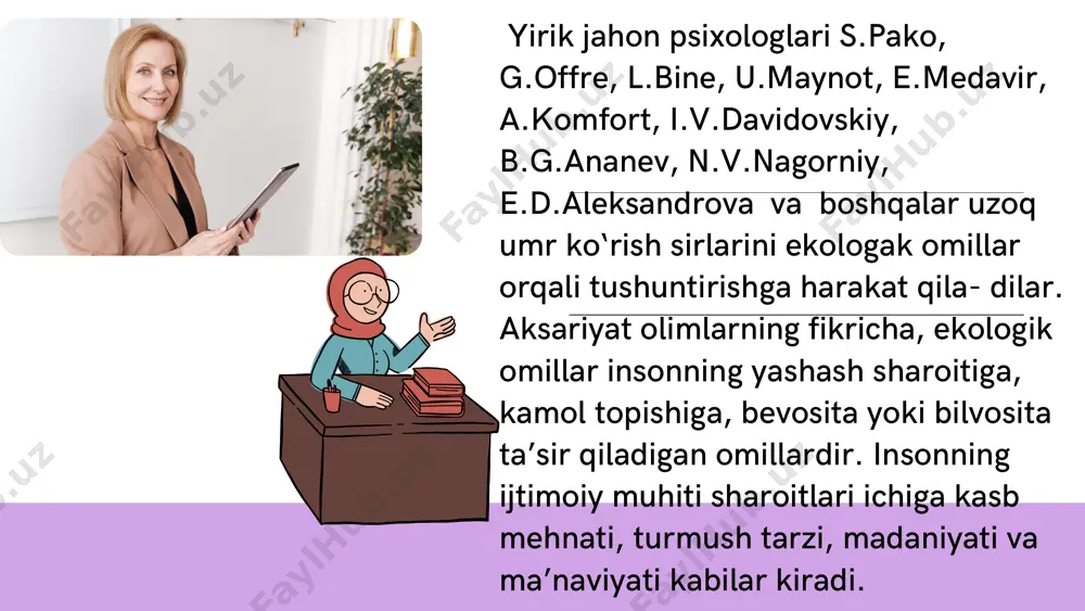yillardan keyin ham o‘zgarmasligi mumkin. i.v.davidovskiy va b.g.anan’ev ta’kidlaganidek, qarish va uzoq umr ko‘rish o‘ziga xos xususiyatlarga ega. binobarin, umrni uzaytirishning juda ko‘p omillari bor. yuqorida uzoq umr ko‘- rishning ekologak omillari ifodalandi, lekin uning psixologik, ijtimoiy-psixologak omillari, manbalari va mexanizmlari ham mavjuddir. umuman aytganda, insonning umrini uzaytirish uchun shaxslararo yaxshi munosabat, shirin muomala, samimiy muloqot, oilaviy totuvlik, asab sistemasini asrash, barqaror his- tuyg‘u, hamdardlik, psixik faollik, irodaviy tetiklik bo‘lishi zarur. xulosa uzoq umr ko‘rishning psixologik xususiyatlari inson hayotining sog‘lom va farovon o‘tishida muhim rol o‘ynaydi. uzoq umr ko‘rish nafaqat jismoniy sog‘liqni, balki psixologik farovonlikni ham talab etadi. psixologik barqarorlik, stressni boshqarish, emotsional barqarorlik, optimizm, va ijtimoiy qo‘llab-quvvatlash kabi omillar uzoq umrni ta’minlashda asosiy ahamiyatga ega. hissiy qo‘llab-quvvatlash, ijtimoiy aloqalar va pozitif fikrlash insonning ruhiy holatini yaxshilab, uning umumiy salomatligiga ijobiy ta’sir ko‘rsatadi. shuningdek, faol hayot tarzini davom ettirish, tabiat bilan aloqaning o‘rni, va o‘z-o‘zini qadrlash ham uzoq umrga ta’sir …