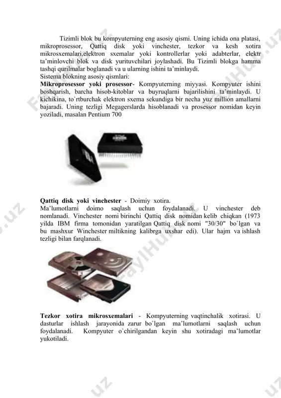 na platasi mother board - asosiy elektrosxema bo`lib o`nga prosessor, tezkor va kesh xotira mikrosxemalari, kontroller va adabter elektrosxemalari o`rnatiladi, qattiq disk va disk yurituvchilari ulanadi disk yurituvchilari - bu egiluvchan va kompakt disklardagi ma’lumotlarni ukish va ularga saqlash ishlarni bajaradigan qismi. elektr ta’minlovchi blok - har bir qismning o’ziga mos elektrquvvat extiyojini ta’minlovchi blok. 2-topshiriq mavzu:tizimli blokning tarmoq, elektr tok manbasi(quvvat bloki). tizimli blokning tarmoq quvvat bloki(blokpitaniya) elektr ta’minot blokining vazifasi oson + 12 v, - 12v doimiy tok “sof” kuchlanishini otkazishi kerak. elektr ta’mirlash blok yoqilgandan song o‘zi beruvchi signalni nazorat qilib, kerakli sathda kuchlanish stabillashgandan so‘ng tizim platadagi power-gool signalini yuboradi. mikroprotsessor o‘zining registrlarini boshlangich holatga qaytaradi, shundan so‘ng yuklanish boshlanadi. quvvat vatta olchanadi. elektr ta’minot bloki o‘zining quvvati bilan farqlanadi: qancha quvvat katta bo‘lsa, shuncha ko‘p blok elektr ta’mirlash tashqi qurilmalarinigina ta’minlab beradi. zamonaviy kompyuterlarga 300-400 vatt quvvatli elektr ta’minot bloklari qoyiladi. zamonaviy kompyuterlarda elektr ta’minot …
